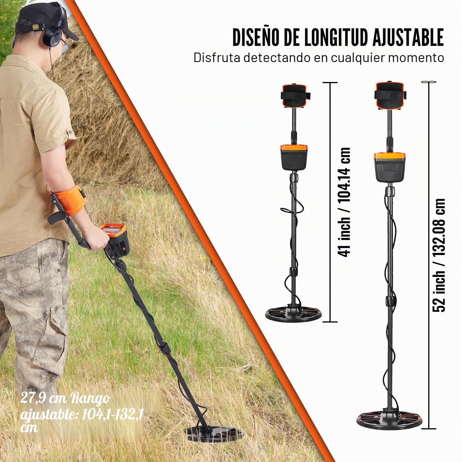 VEVOR Detector de Metales para Adultos y Niños 25,4cm Detector de Metales Profesional Ajustable Resistente al Agua Bobina IP68 Pantalla LCD 7 Modos Chip DSP Avanzado Ligero para Búsqueda de Moneda Oro
