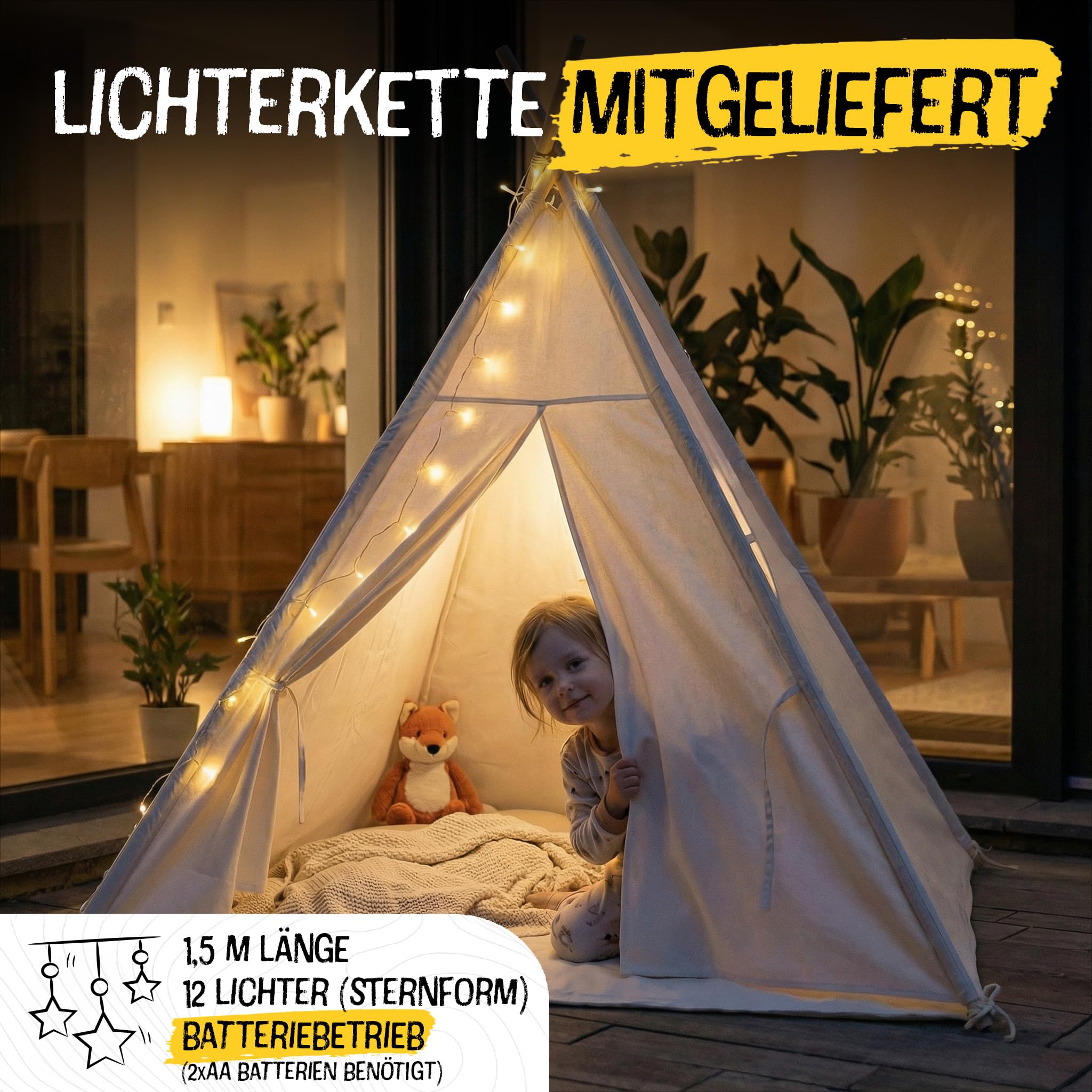 FRIEDO Tipi Zelt für Kinder inkl. Bodenmatte und Stabiler Holzstangen I OEKO-TEX100 zertifiziertes Baumwoll Tippi Kinderzelt Indoor und Outdoor nutzbar I Spielzelt für drinnen z.B. Kinderzimmer