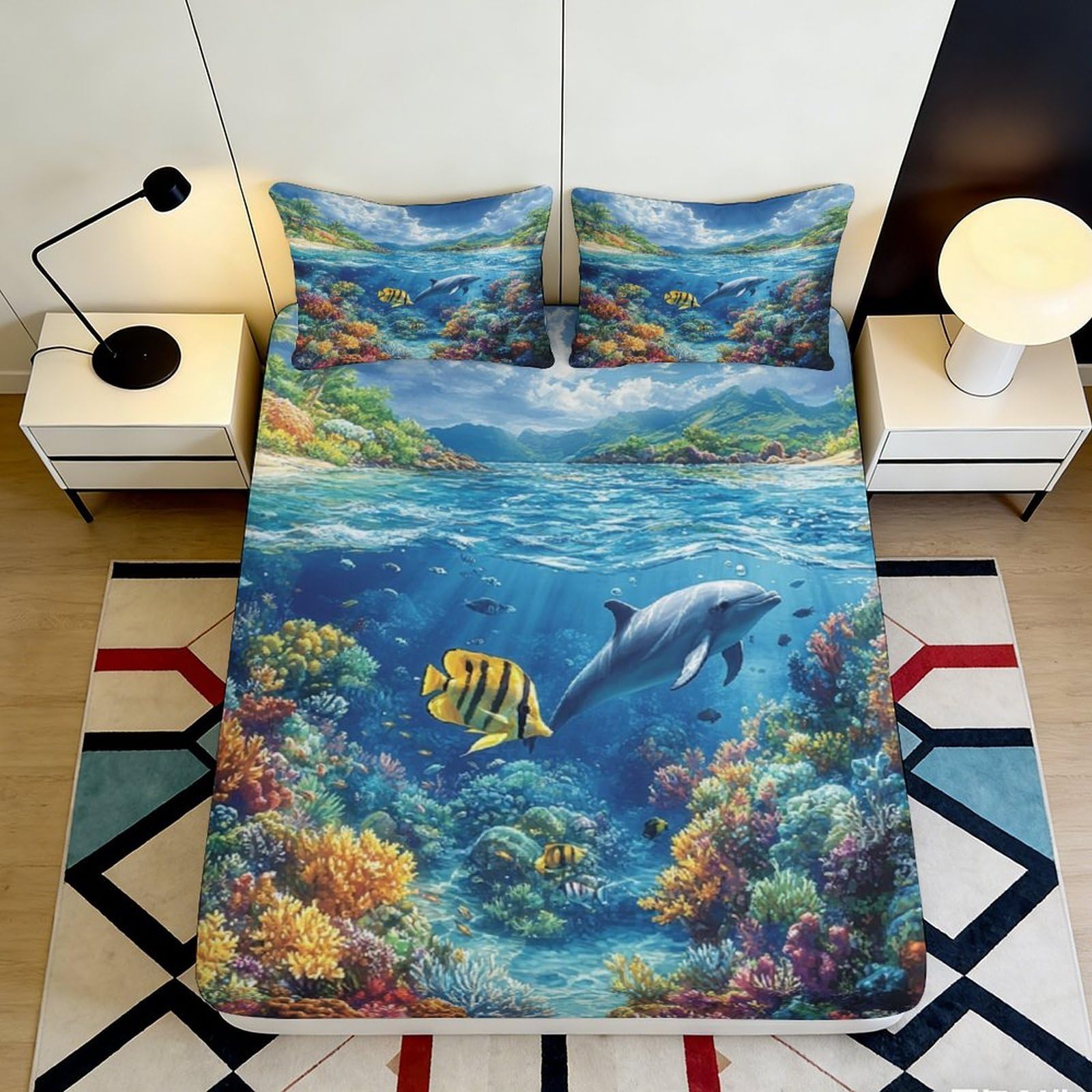 3D Printed Ocean Coral Reef Fitted Sheet Microfiber Soft Dolphin Underwater Mattress Cover Bedroom Decor 120x200cm 180x200x25cm