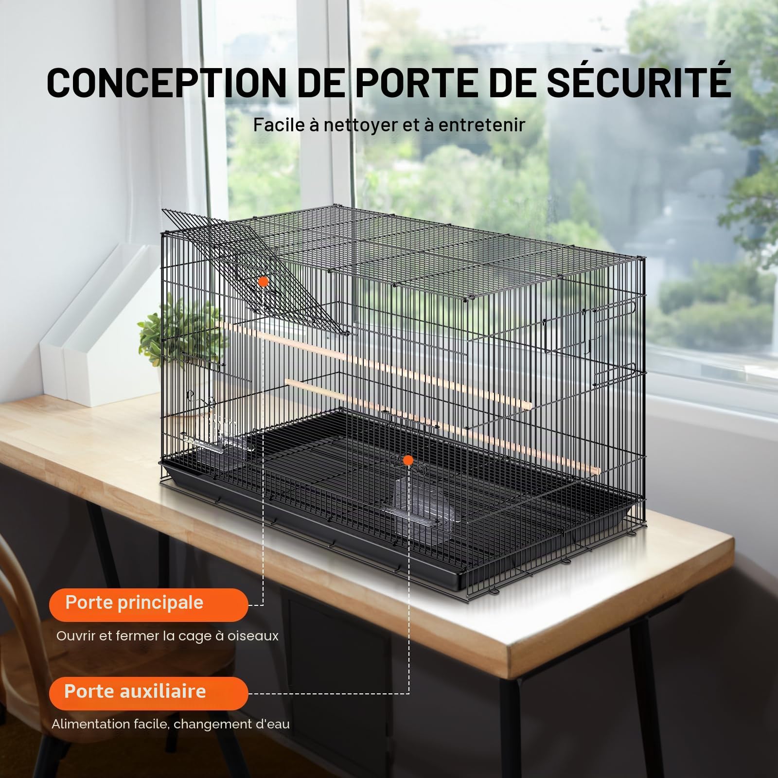 VEVOR Cage à Oiseau 76x46x45,5 cm Métal Portable Poignée Latérale Porte Sécurisée Plateau Détachable Perchoirs Mangeoires pour Perruches Calopsittes Perroquets