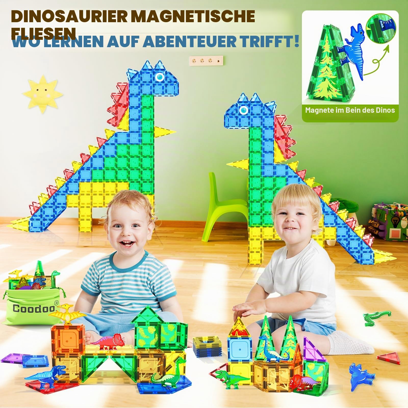 Magnetische Dinosaurier-Spielzeugplättchen – Magnet-Bausteine ​​für Kleinkinder, STEM-Sensory-Outdoor-Spielzeug für Jungen und Mädchen ab 3 Jahren, Dinosaurierwelt, kreative Spiele, Kinderspielzeug