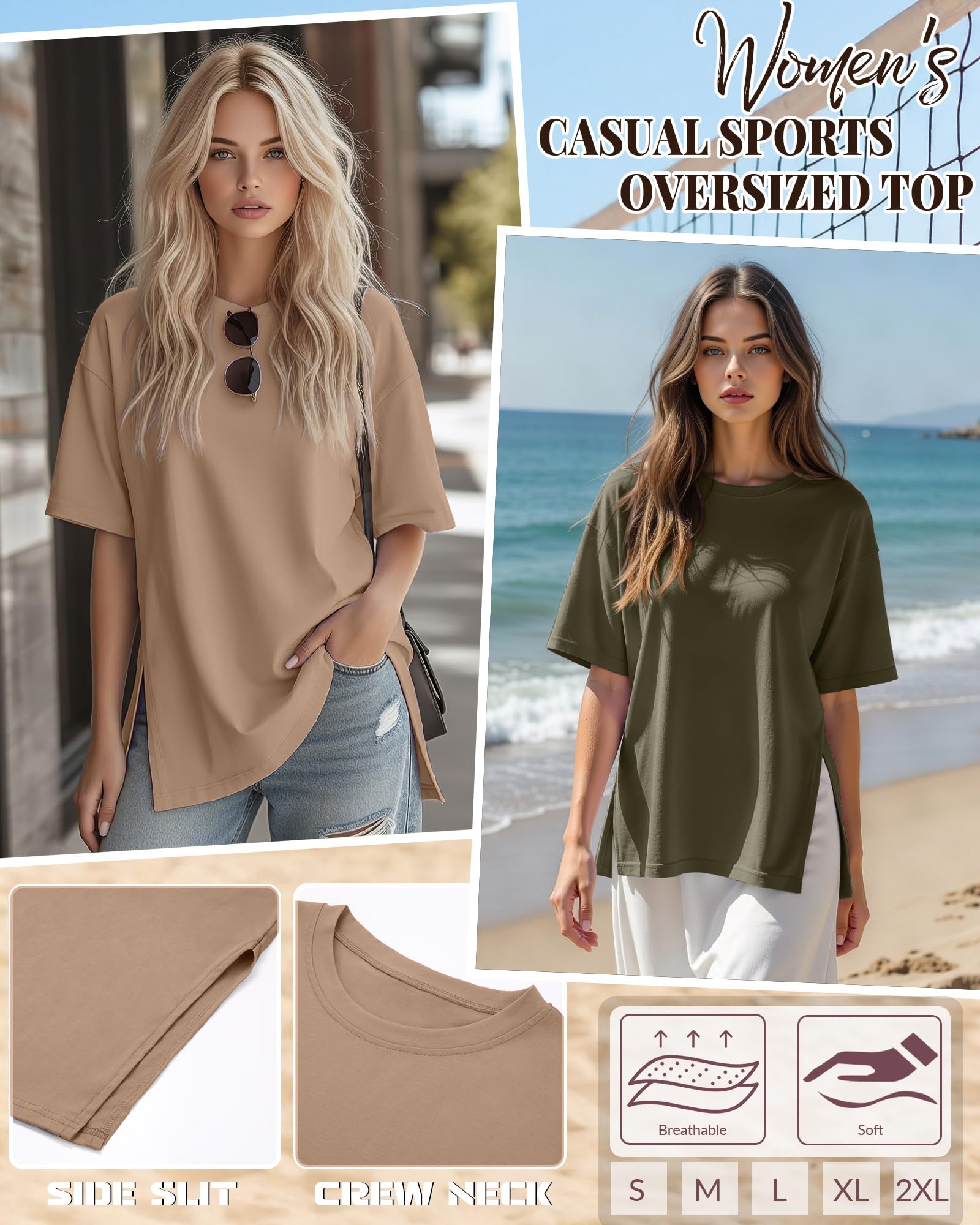 Geyoga Paquete de 3 Camisetas Deportivas extragrandes para Mujer de Manga Corta con Aberturas Laterales Cuello Redondo y Corte Holgado