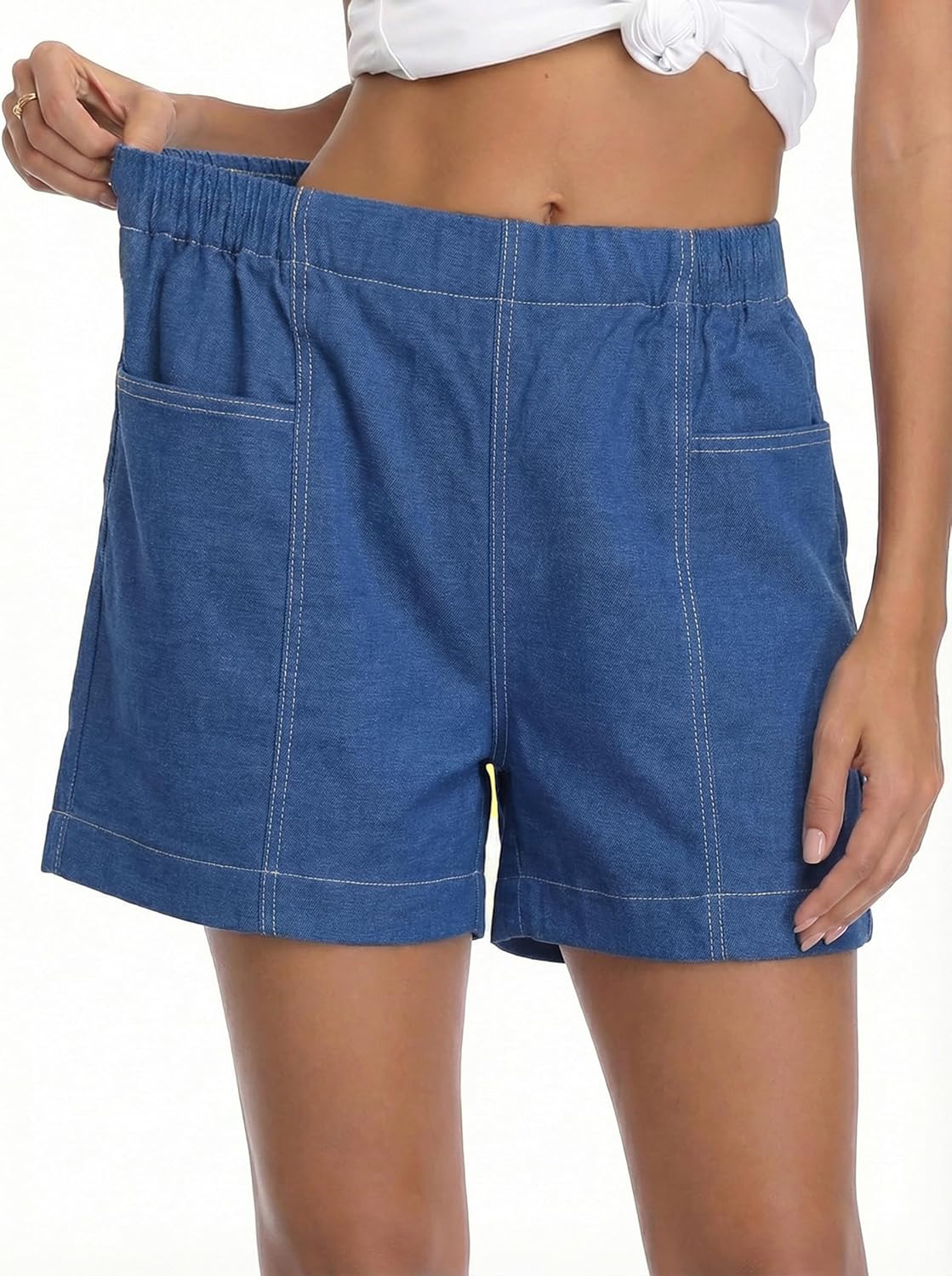 Fuinloth Women's Faux Denim Shorts, Elastic Wasit Mid Rise Loose Fit with 2 Front Pockets, Stretchy Jeans Short Pants