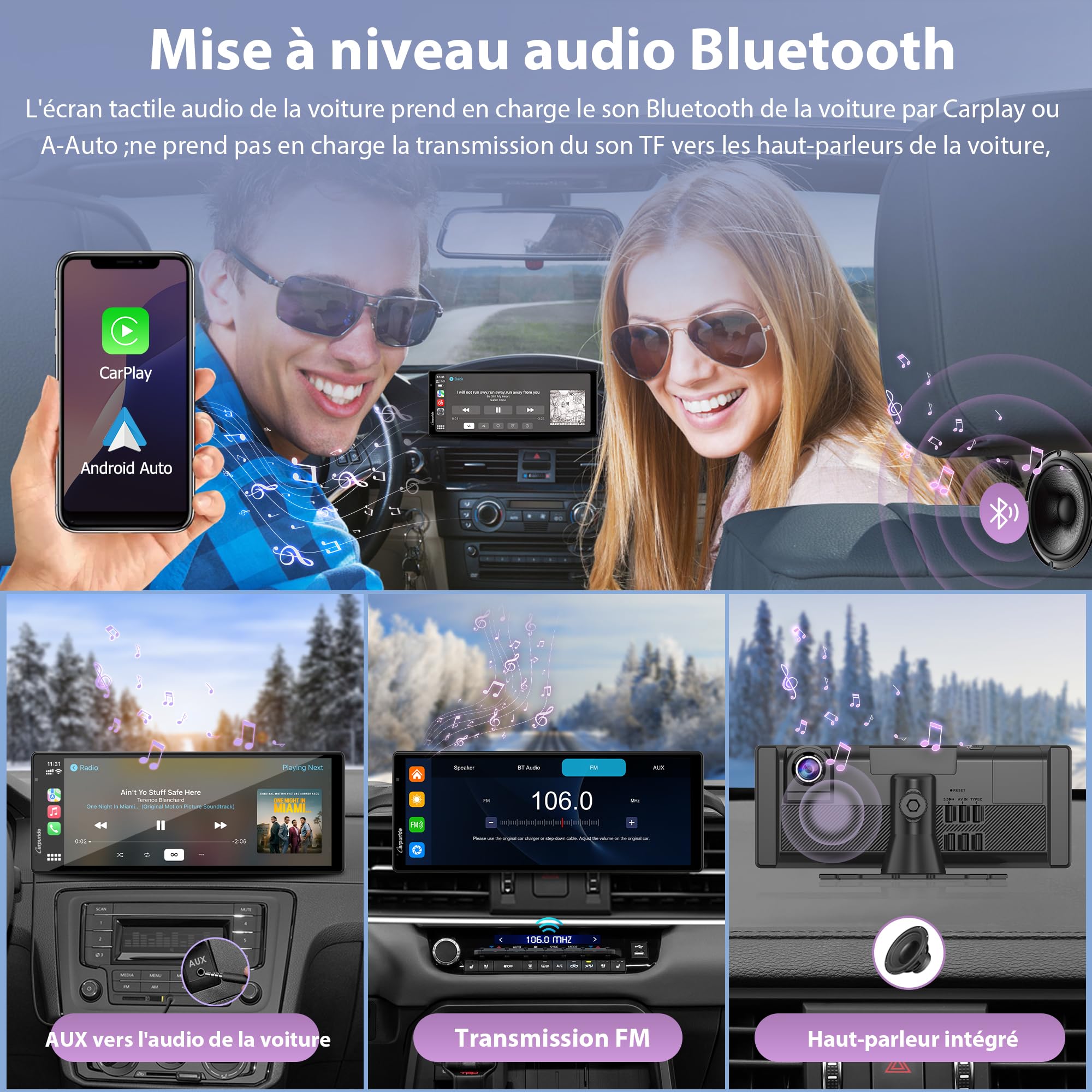 Carpuride W904 10.26" Carplay sans Fil et Android Auto avec Dash Cam | Écran Tactile pour Voiture, Caméra Avant 4K et Arrière 1080P, Enregistrw Ement en Boucle, Audio BT, Mirror Link, GPS, Siri