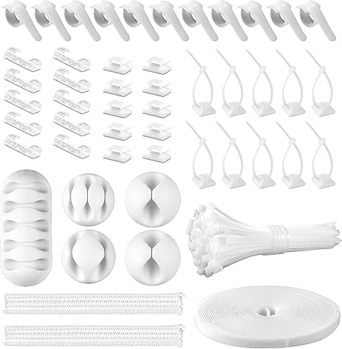 Kit organizador de cables blancos, 2 protectores de fundas de alambre, 41 clips autoadhesivos, 10 unidades + 2 rollos de bridas reutilizables y 100