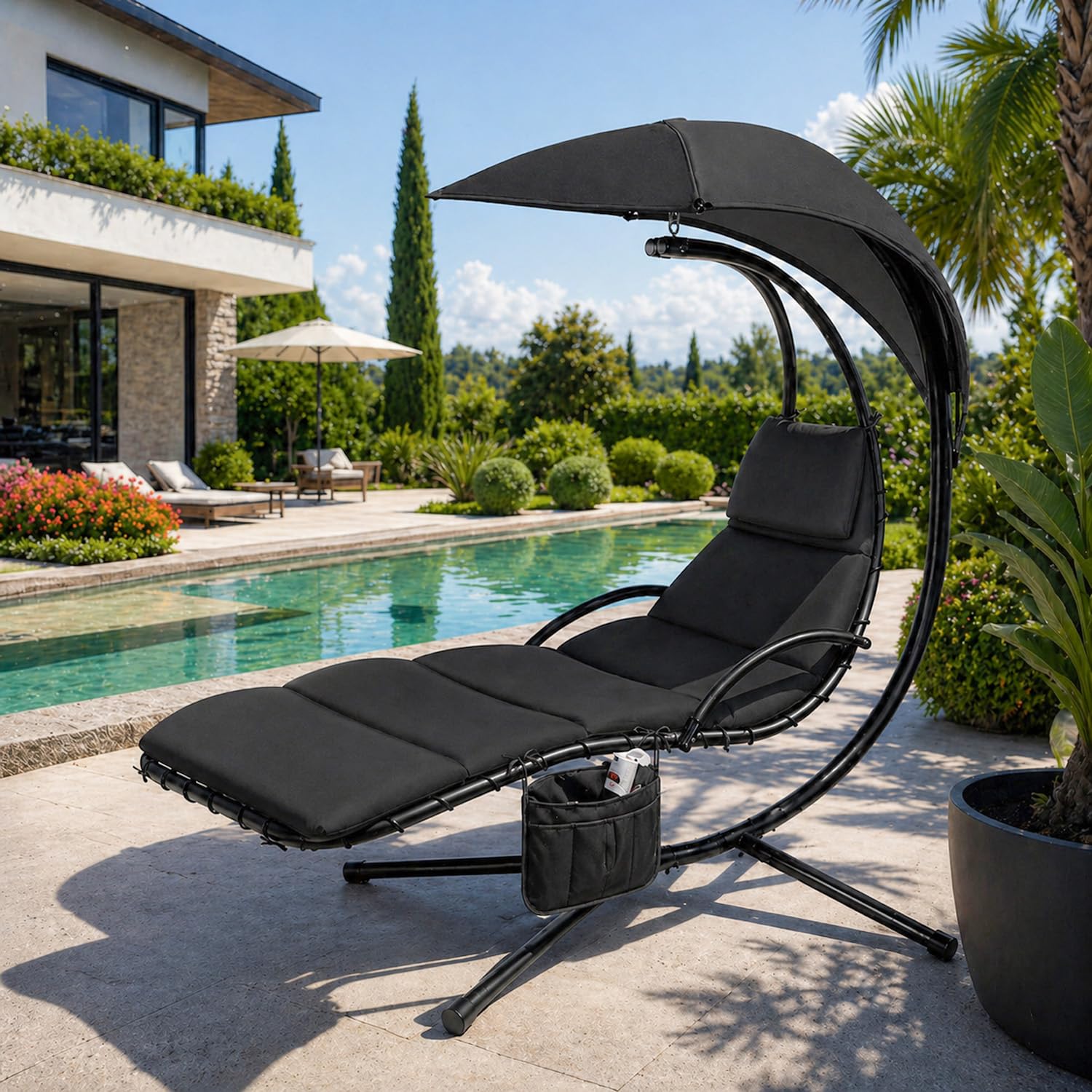 Sdraio Sospesa Con Ombrellone Parasole Integrato E Cuscino Imbottito Ergonomica Amaca Da Giardino In Acciaio E Poliestere Per Esterno Terrazzo E Bordo Piscina 195 x 132 x 197 Cm Nero