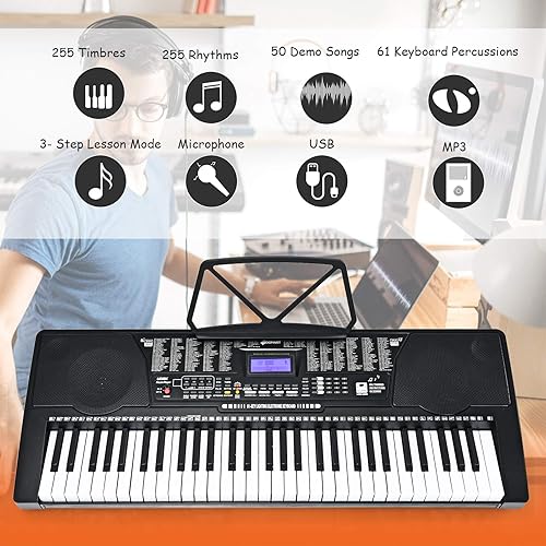 Miniatura 3 de Costzon Piano de teclado electrónico de 61 teclas con teclas iluminadas altavoces integrados grabadora 255 timbresritmos 3 modos de enseñanza Negro
