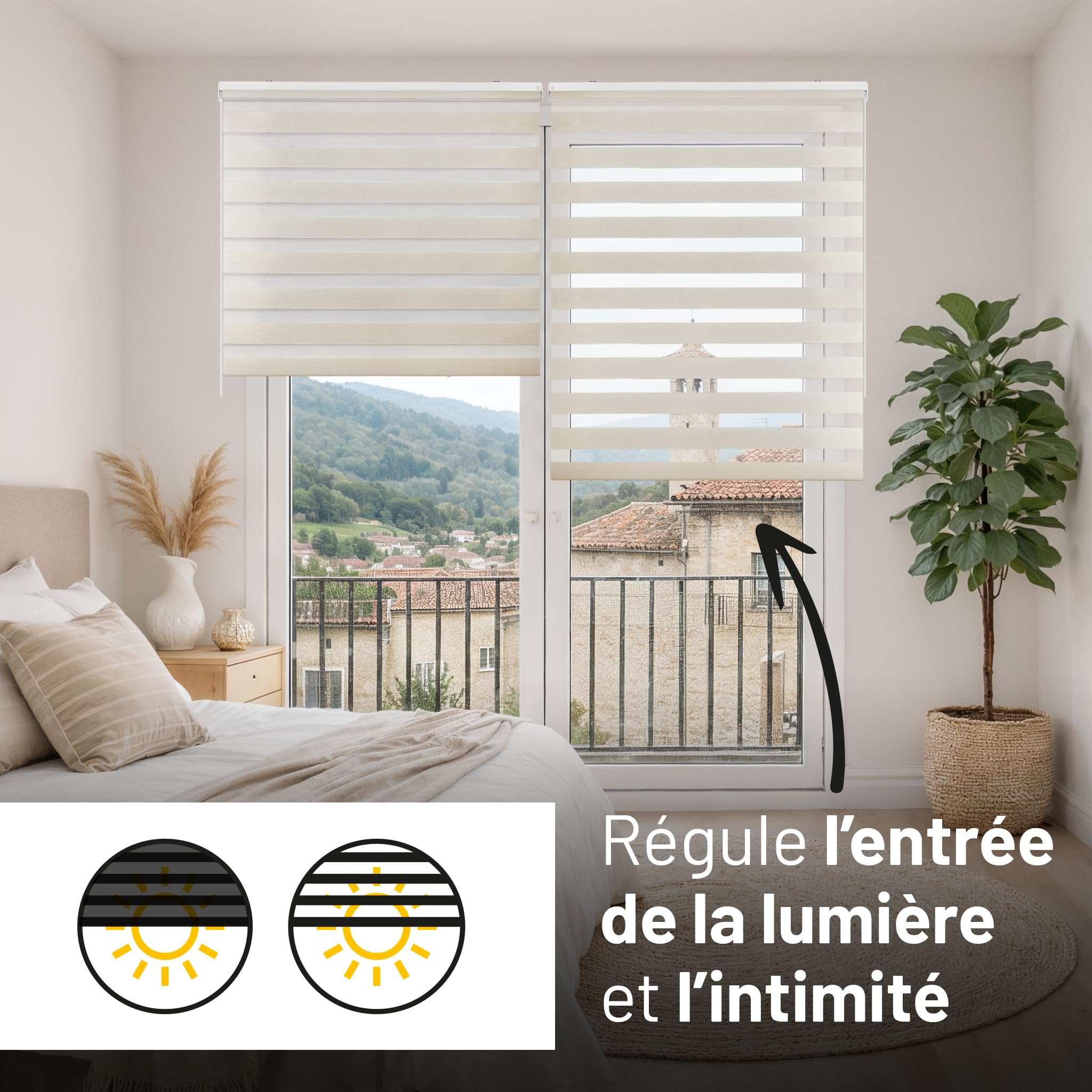 Store Jour Nuit Enrouleur pour fenêtres Tissu Double 120x250 cm Lin | Installation facile mur/plafond Largeur tissu 117,5 cm Stores enrouleurs intérieurs Qualité Premium Maison StoresDeco