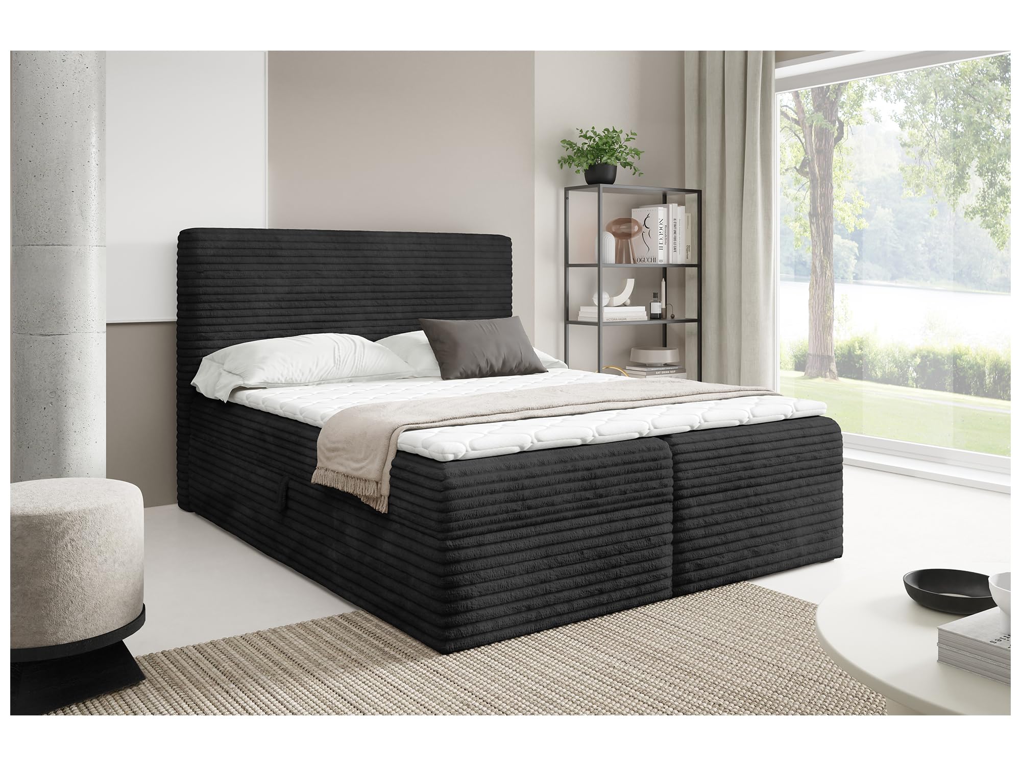 MEBLINI Boxspringbett mit Bettkasten - 120x200 - H3/Schwarz Cordstoff - Talia - Gepolstert Doppelbett mit Matratze und Topper - Polsterbett mit Stauraum - Bett mit Kopfteil - Stauraumbett
