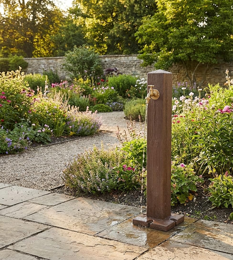 Fuente de Jardin Decorativa Imitación Madera Oscura + Grifo, Altura 100 cm | Fuente de Agua Rustica para Decoración Exterior | Fuentes para Jardines
