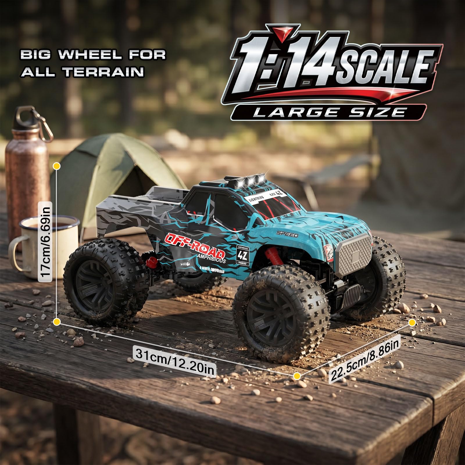 YESHIN Amphibienfahrzeug Ferngesteuertes Auto 1:14, 4WD RC Auto Geländewagen mit Licht & 2 Akkus, 2,4GHz Monstertruck Geschenk für Kinder Erwachsene Spielzeugauto für Sand, Wasser & Gelände
