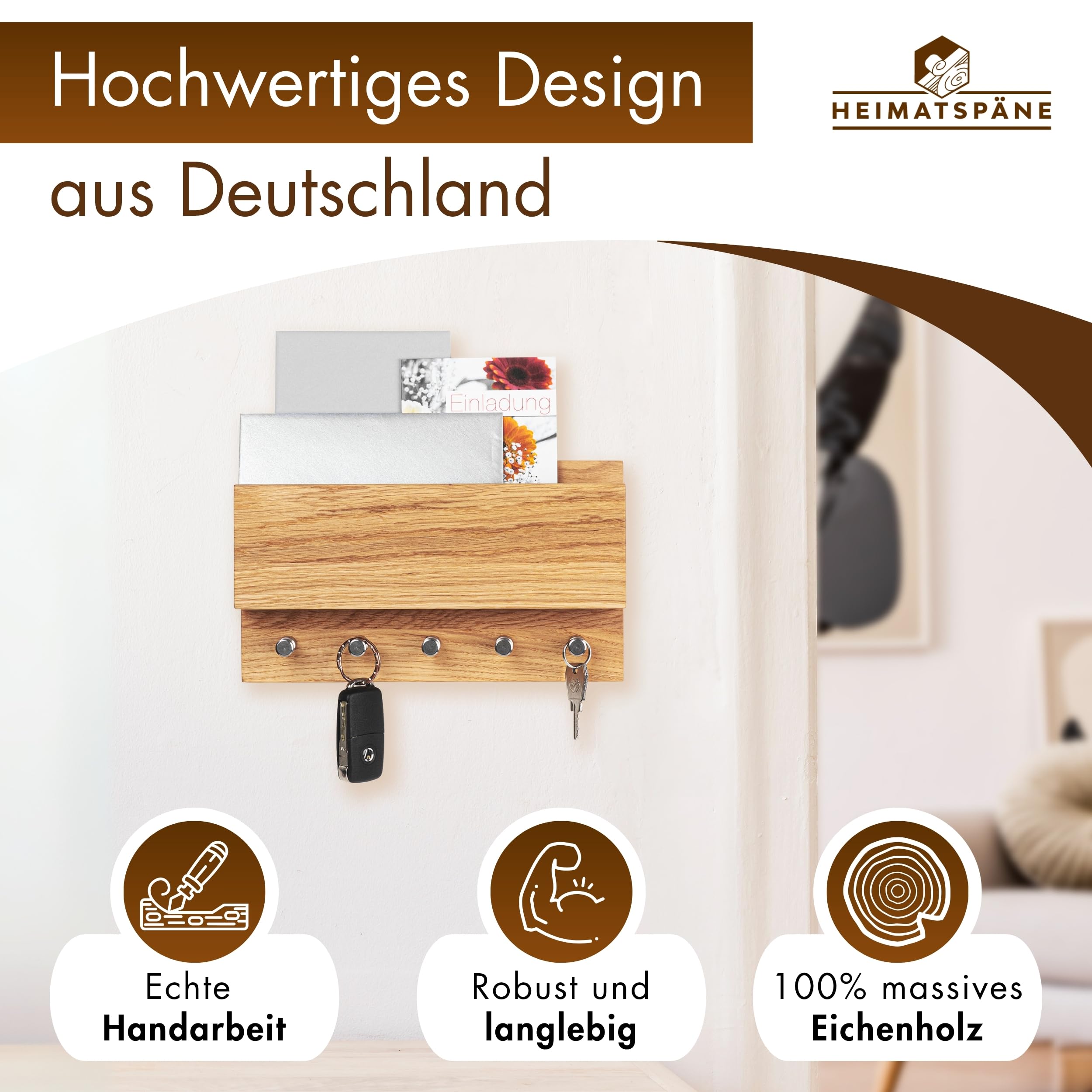 Heimatspäne Schlüsselbrett Holz – Hochwertige Edelstahlhaken und echtes Eichenholz – handgemachtes Schlüsselbrett aus Holz mit Ablage
