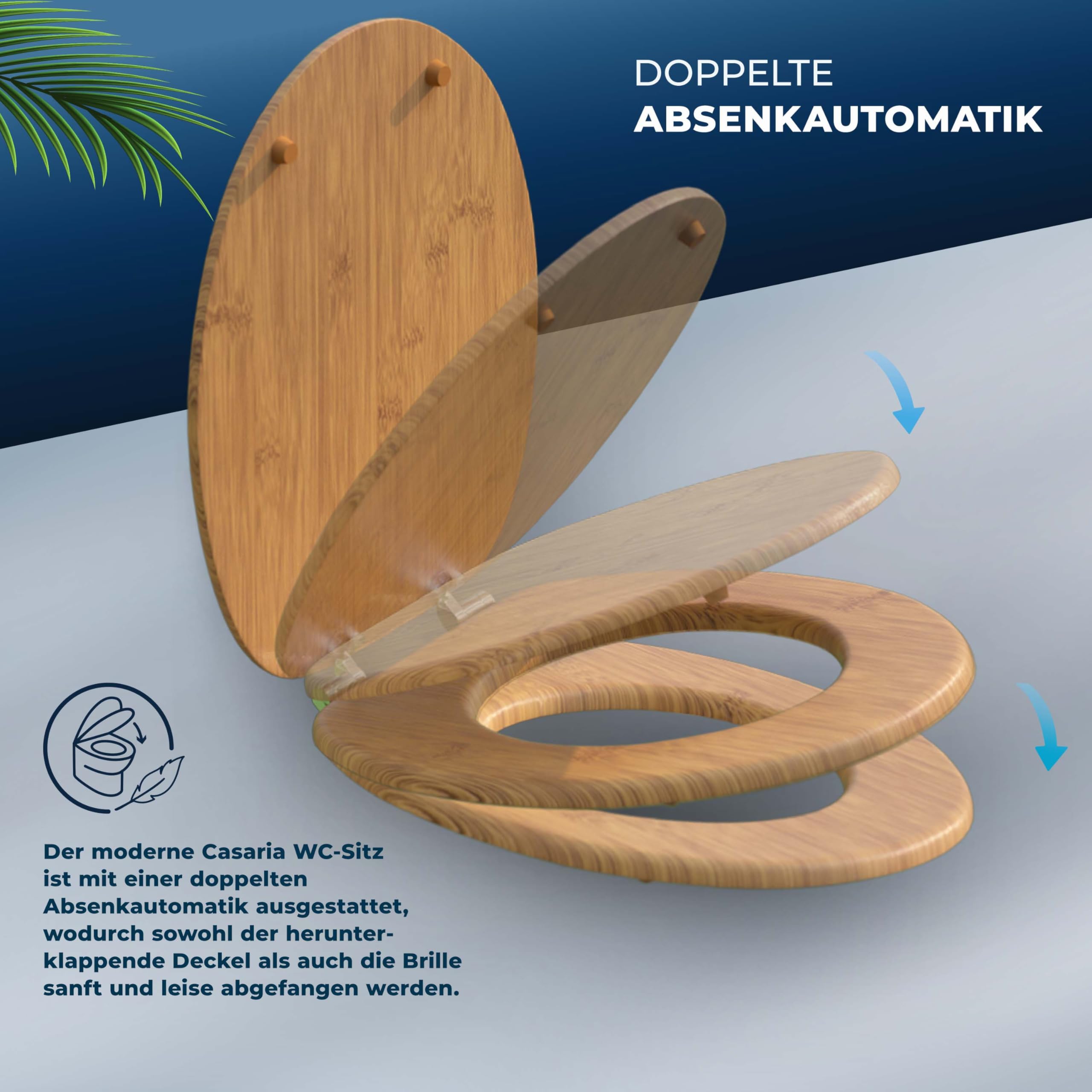CASARIA® Toilettendeckel mit doppelter Absenkautomatik MDF rostfreie Metall Scharniere WC Sitz 175kg Belastbar Antibakteriell Toilettensitz Bambus