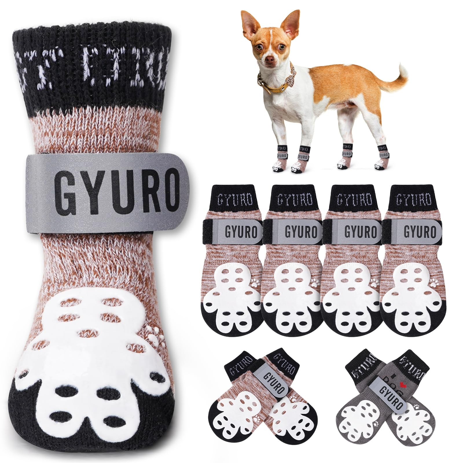GYURO 4-Sided Anti Slip Dog Socks Paws Stop Licking with Adjustable Reflective Strap, Indoor Paw Protection