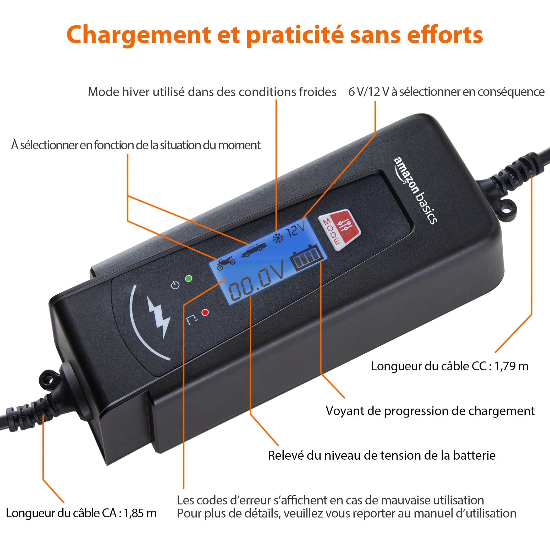 Amazon Basics Chargeur de batterie intelligent automatique avec fonction testeur de batterie, prise UE, sortie : 2A/4A, 6V/12V DC, Noir