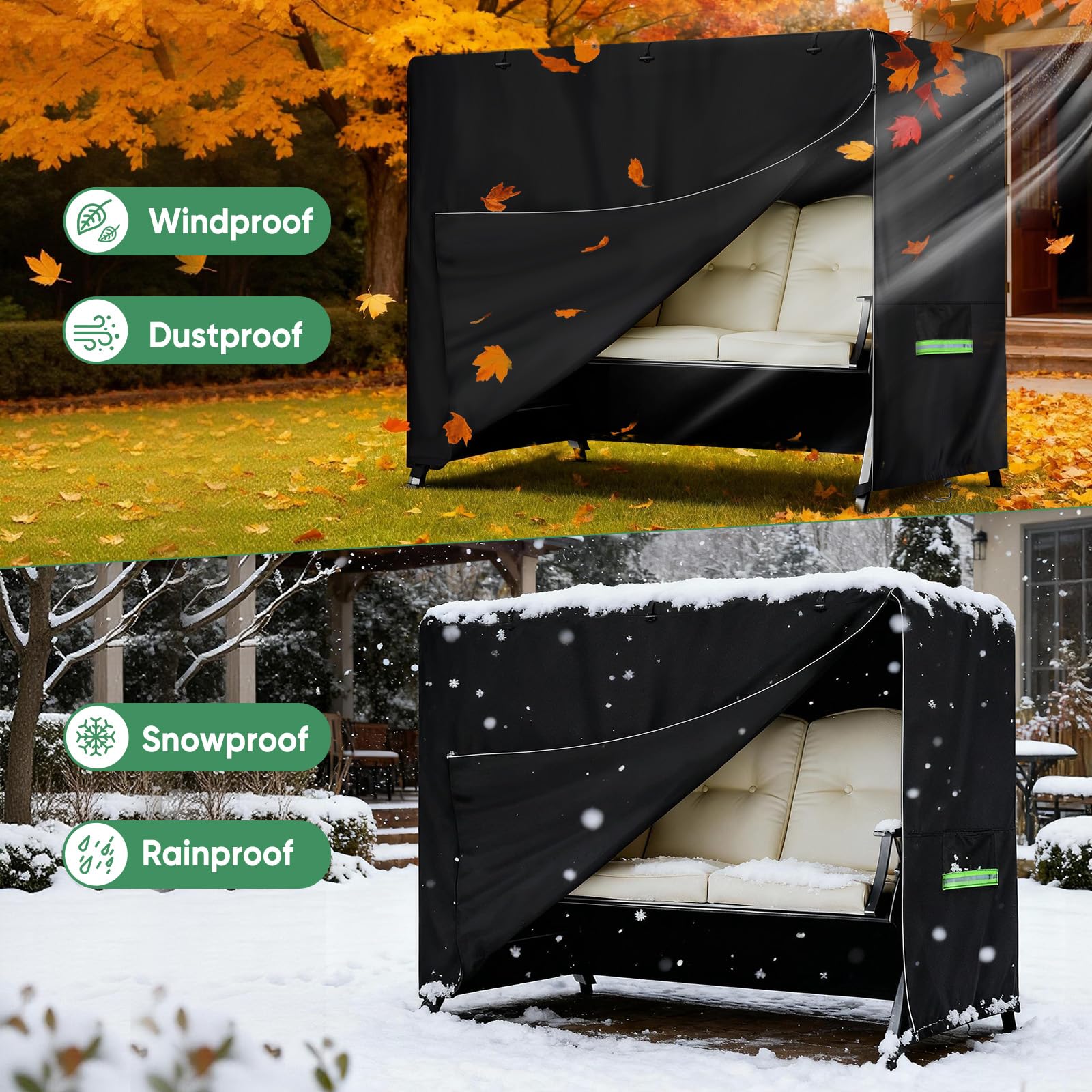 NEVERLAND Housse Balancelle 3 Places - Imperméable 600D Oxford Housse de Protection pour Balancelle de Jardin avec Fermeture Éclair, Anti-UV, Coupe-Vent, 220x150x150cm, Noir