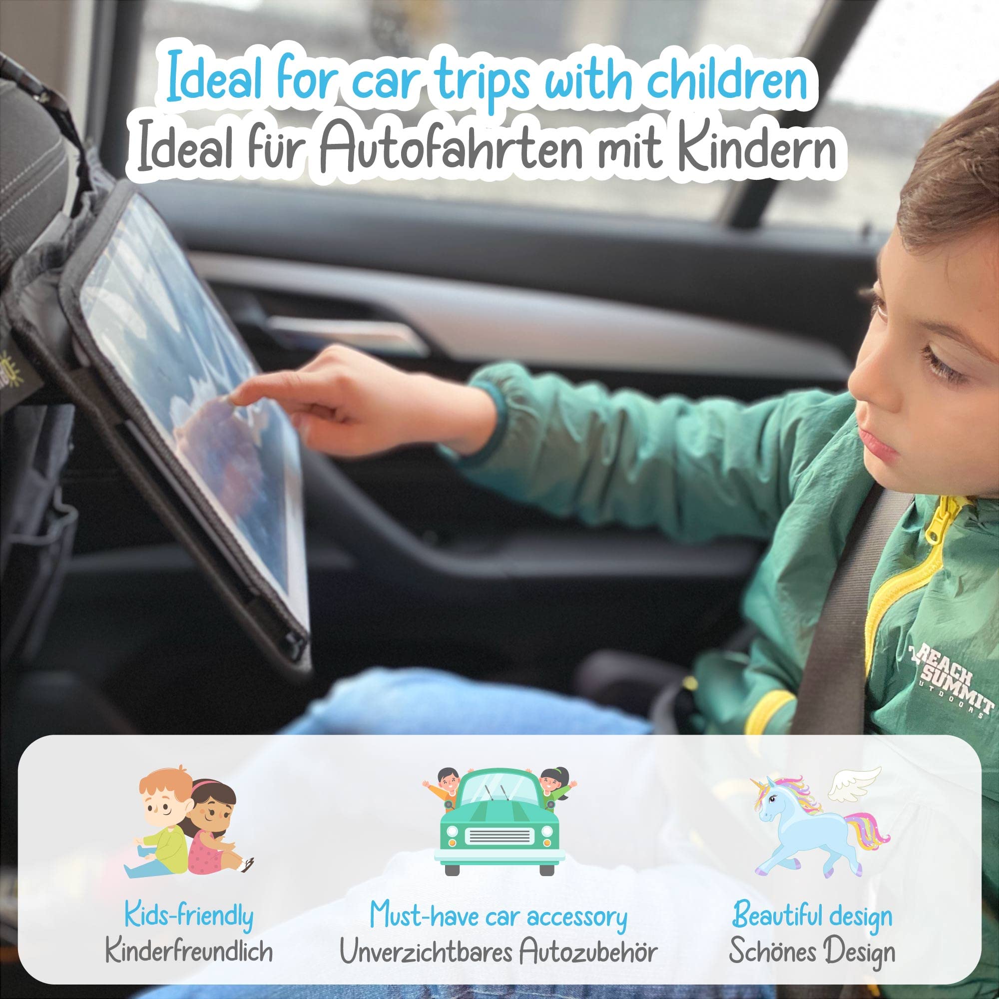 HECKBO 2x Protezione schienale sedile auto bambini con organizer e tasca tablet regolabile e scomparti porta accessori – Monster unicorno – 70x45 cm – incl. portabibite + rete portaoggetti