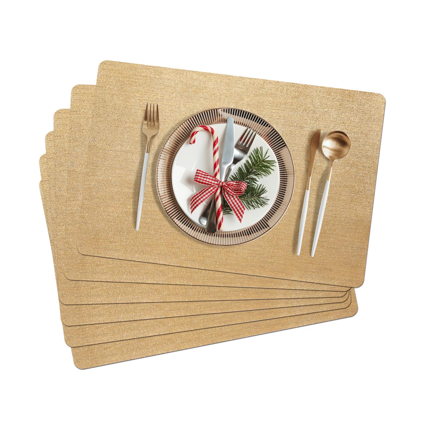 AIRCOWRIE Placemats for Dining Table Set of 6, Heat-Resistant Placemat Washable Vinyl Table Mats for Kitchen Restaurant Decorations (Gold)