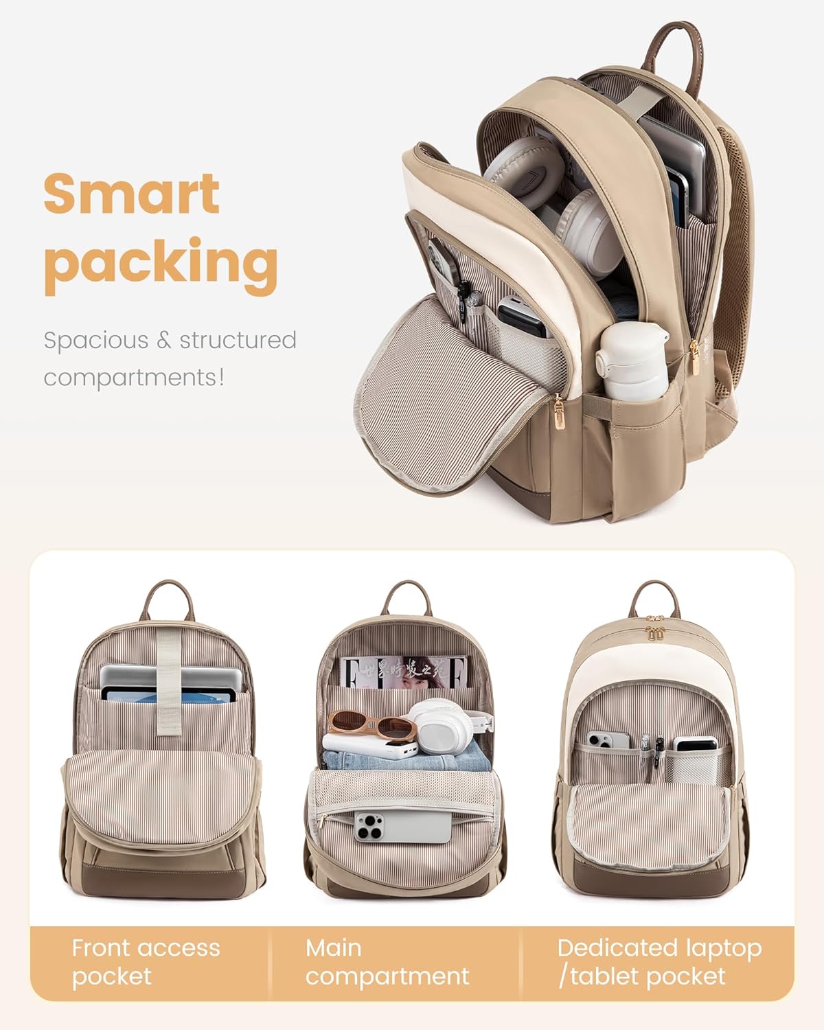 LOVEVOOK Laptop Backpack for Women, 15.6 inch Waterproof College Backpack Woman with Laptop Compartment Computer Bag Travel Backpack Purse, Large Black Computer Daypack for Work Casual, Beige Khaki - Image 2