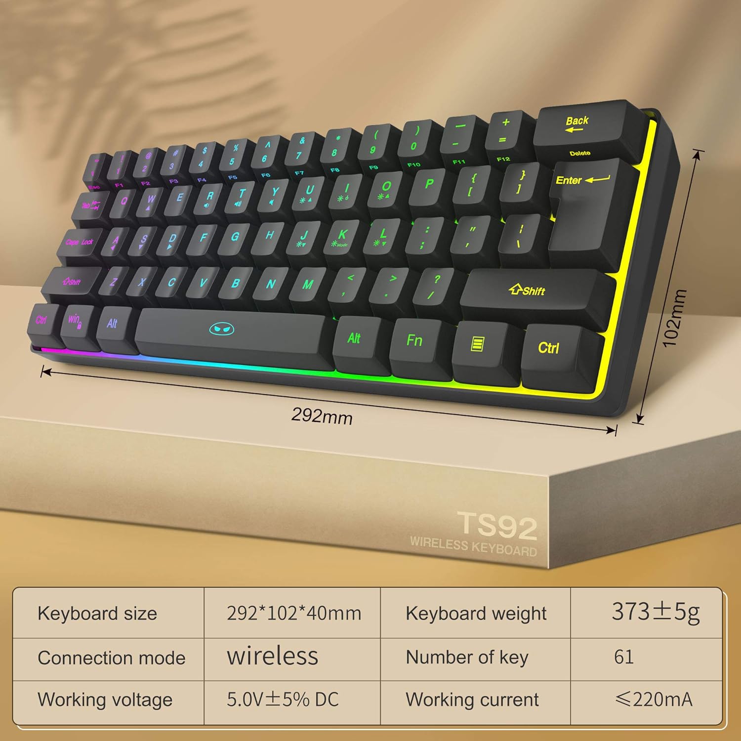 MageGee TS92 keyboard on a desk next to a laptop, with text indicating power saving mode.