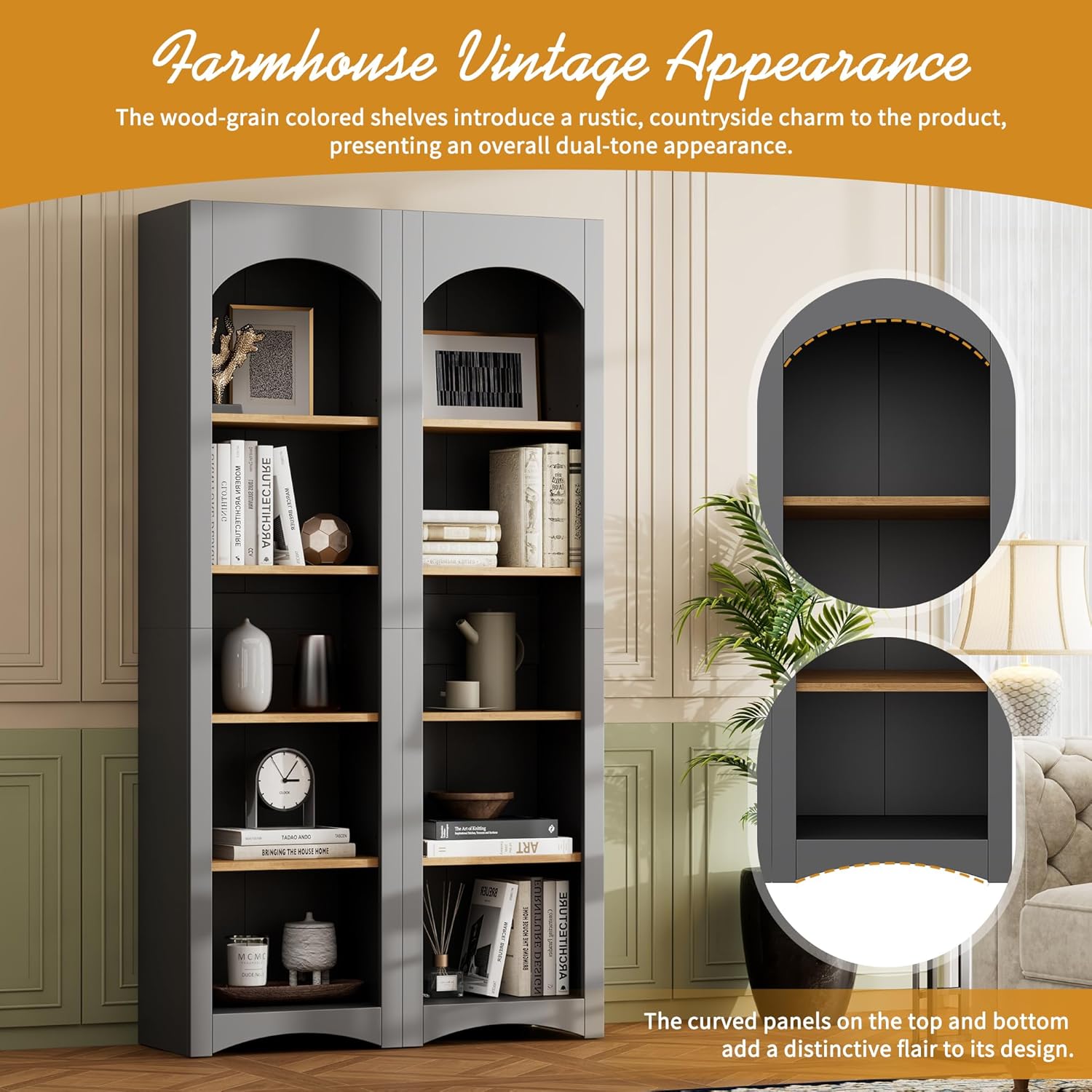 5 Tier Bookshelves Set of 2, Tall Bookcase with Adjustable Shelves, 72" Freestanding Arched Pantry Cabinet for Home Office, Entryway, Grey