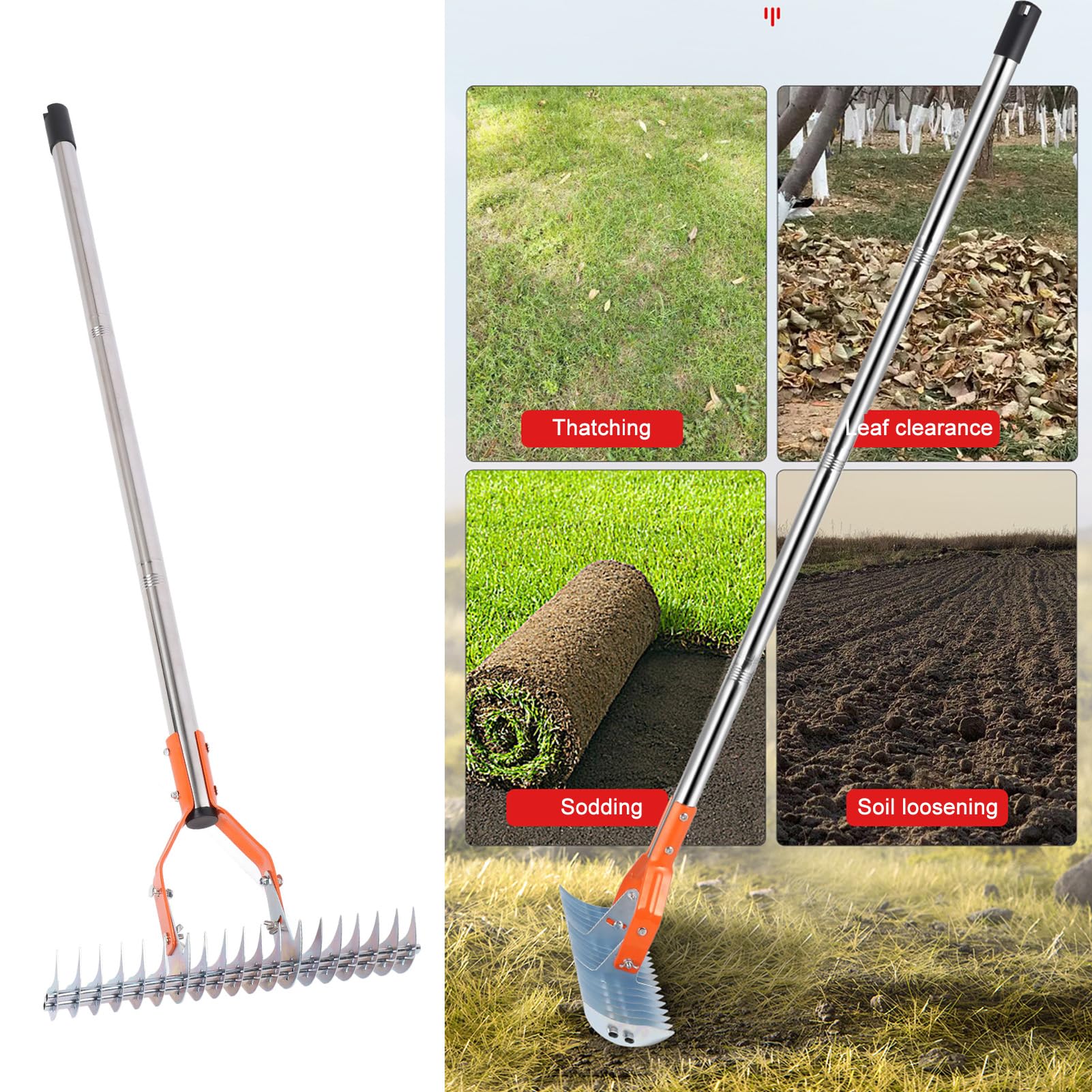 Rastrello Per Prato Dethatcher In Acciaio Inossidabile - Rimuovi Muschio E Paglia, Manico Ergonomico 134 Cm, Ampia Applicazione - 5