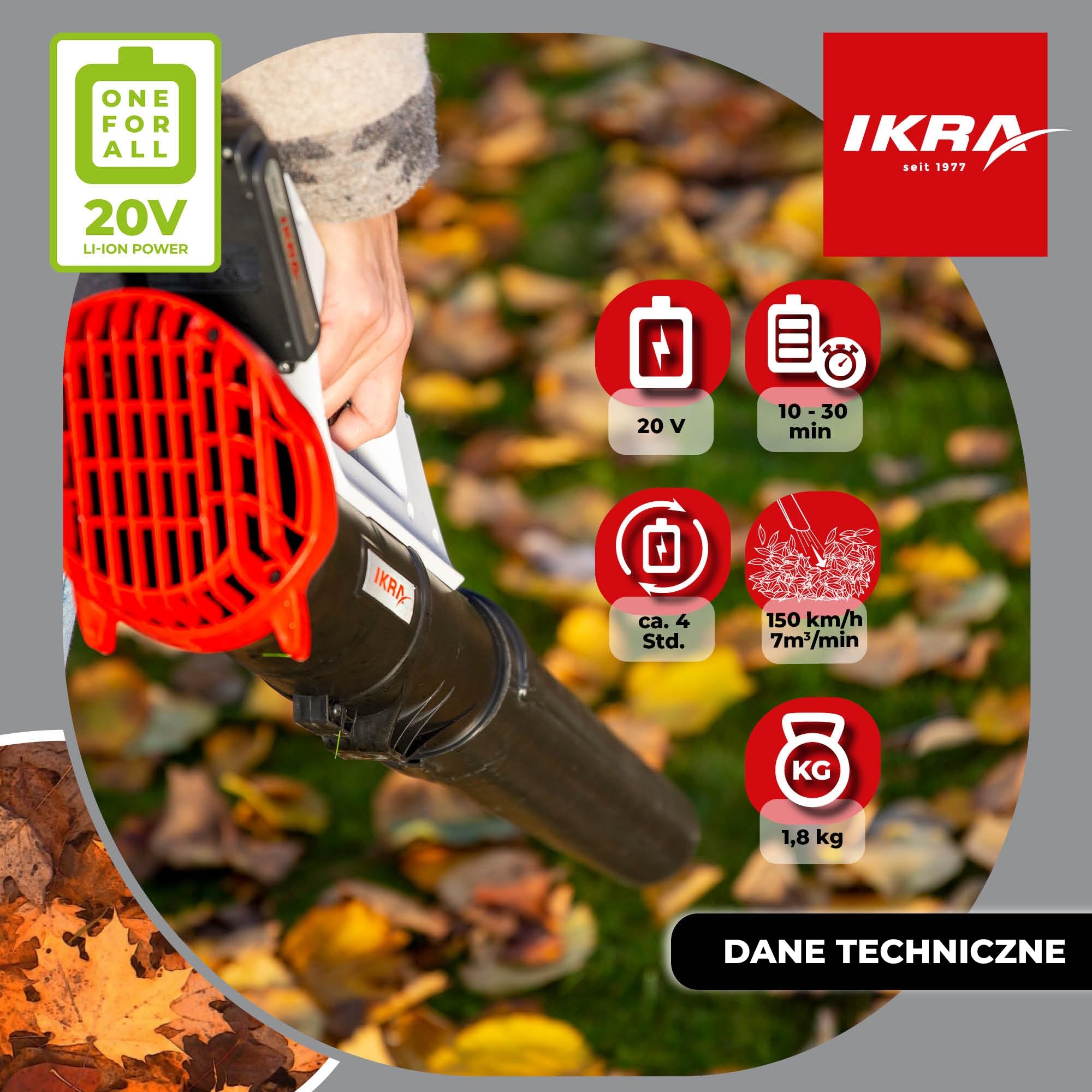 IKRA Osiowa dmuchawa do liści ICB 20, akumulator 20V 2,0Ah, ładowarka | Wentylator osiowy usuwa nawet mokre liście, płynna regulacja prędkości, kompaktowy i lekki, 150 km/h, system IKRA 20V