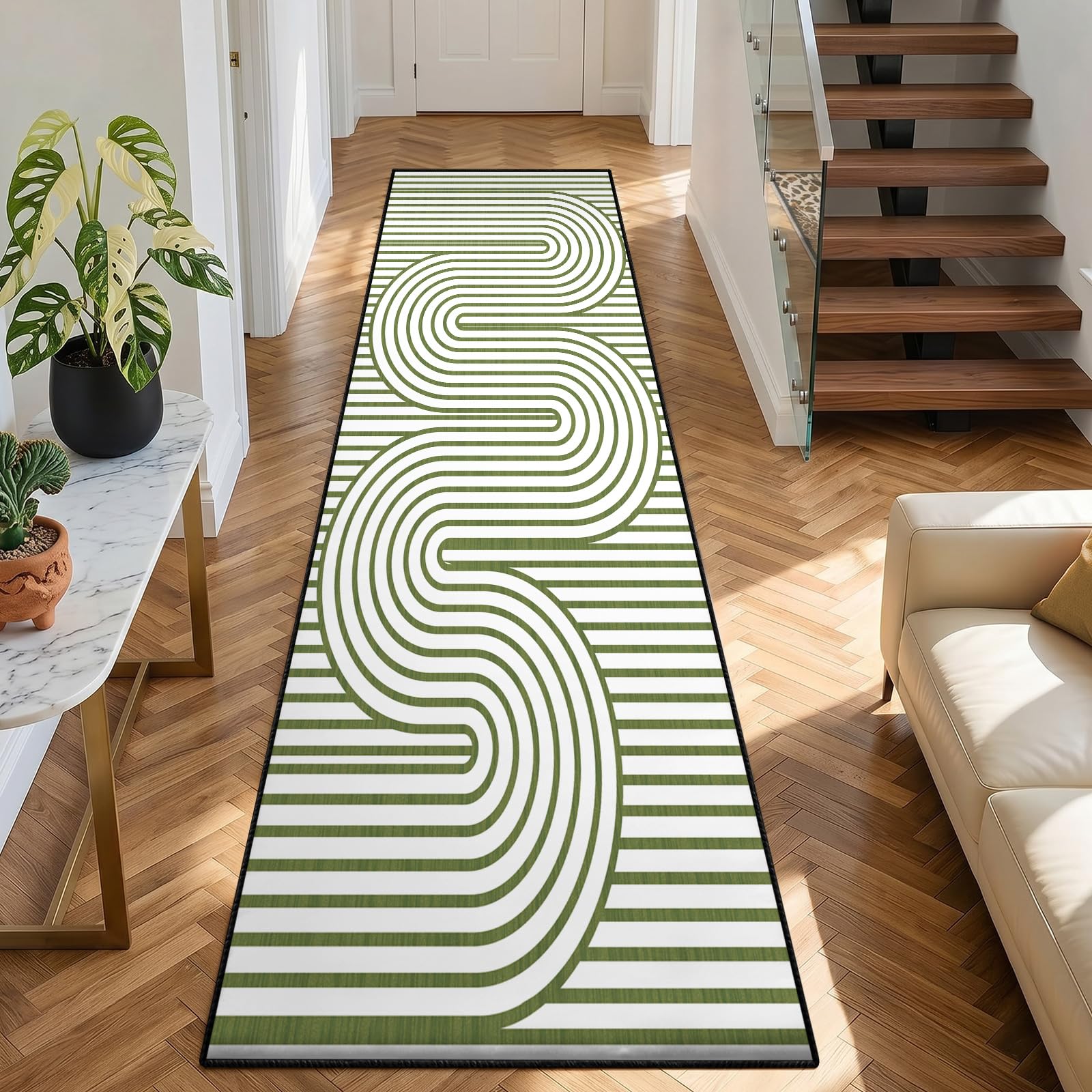 Minimalist Sage Green Rugs for Kitchen 60x120cm, Mid-Century Modern Carpet Runners, Abstract Striped Long Carpet, With Non Slip Backing Pet Friendly Machine Washable Rugs for Living Room Decor
