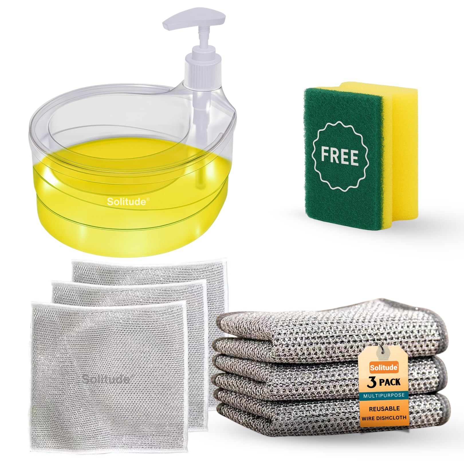 Solitude Double-Layer Soap Dispenser with 1 Sponge and 3 Dishcloths, Liquid Holder & Dispenser Pump with Sponge Holder for Kitchen Sink & Bathroom Accessories