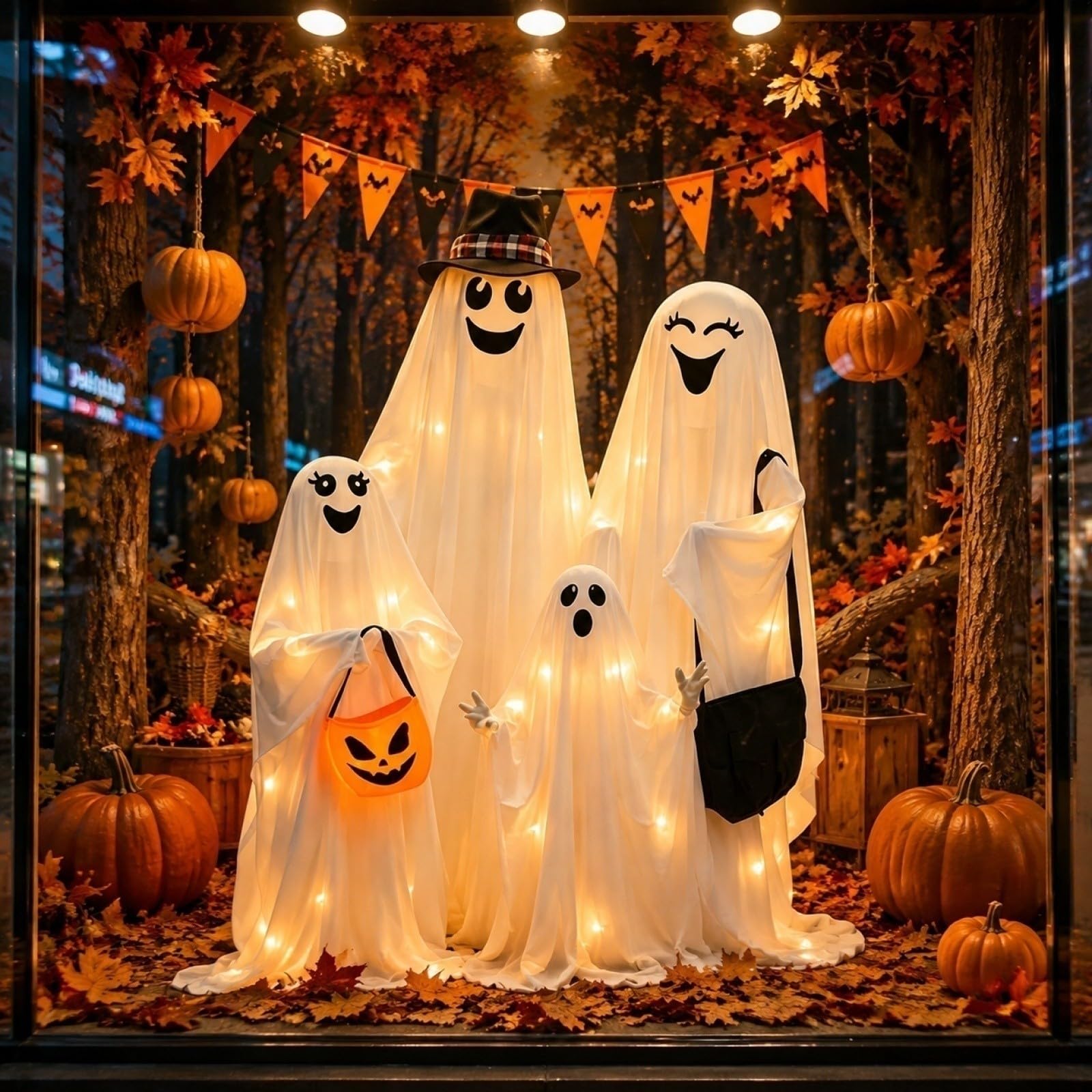 Lot de 4 fantômes debout d'extérieur pour Halloween, fantômes lumineux, effrayants et mignons Une famille de quatre fantômes, décorations extérieures d'Halloween, porche, cour, pelouse, jardin, fête