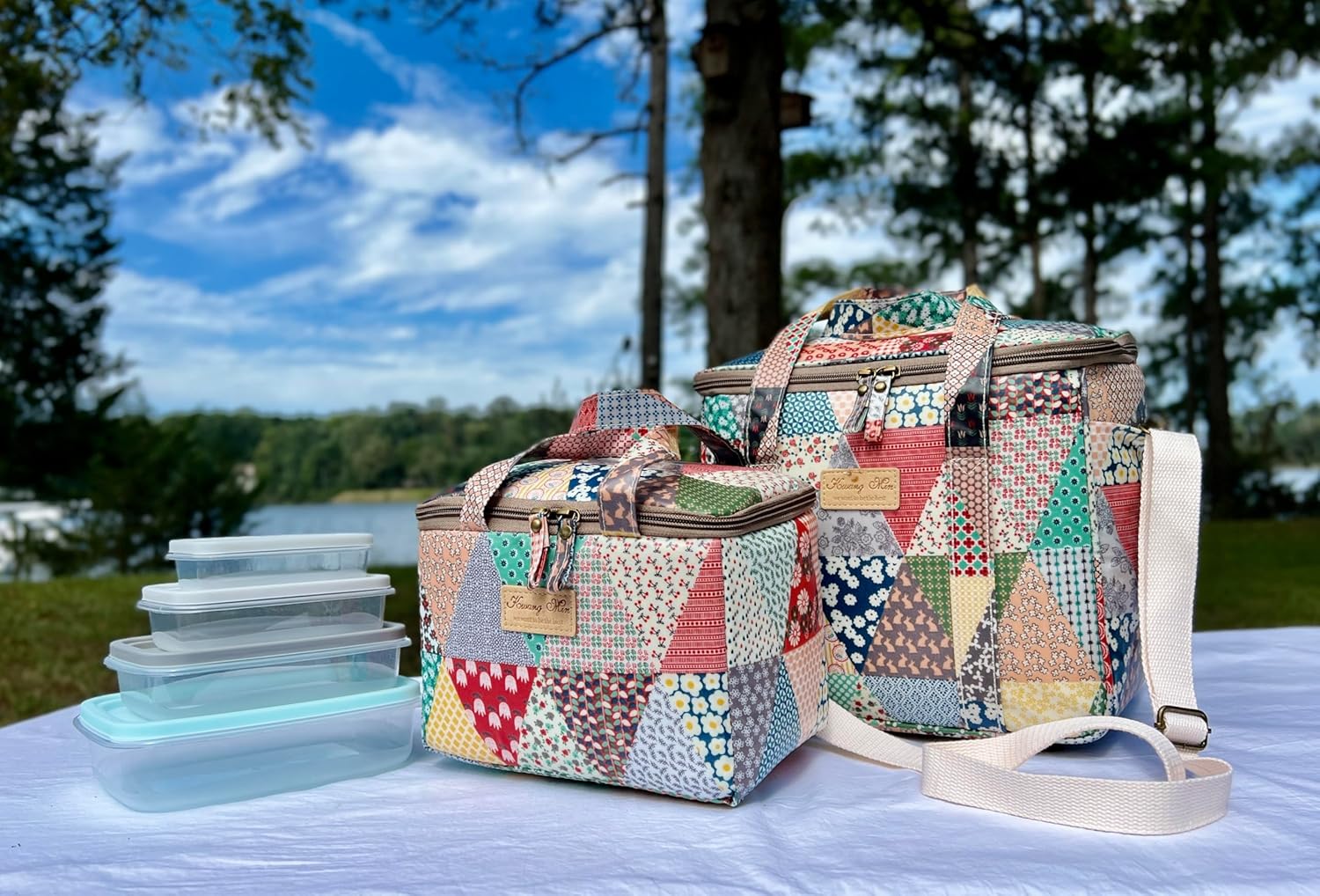 Kwang Min Small Insulated Lunch Bag, Portable Reusable Lunch Box Cooler, Patchwork Design, Waterproof Liner (Patchwork Quilt)