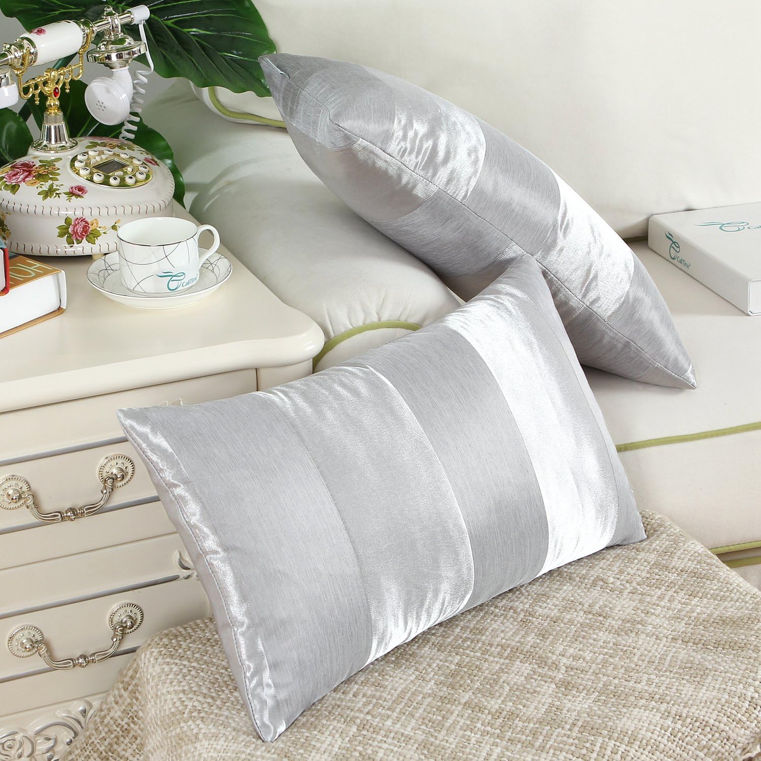 CaliTime Pack of 2 Cushion Covers Pillow Cases Shells for Couch Sofa Home Decoration Modern Shining & Dull Contrast Striped 12 X 20 Inches Silver Gray