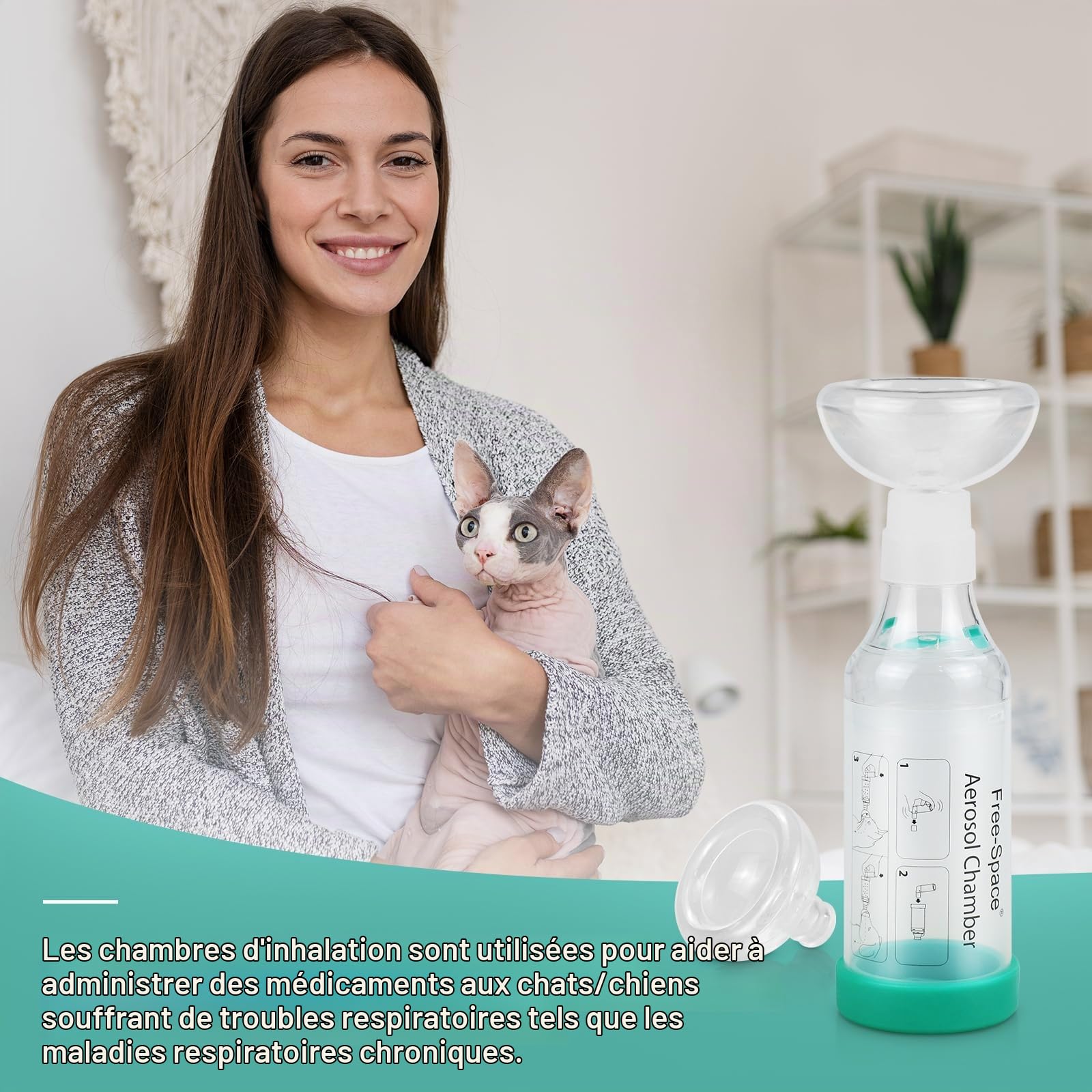 free-space Espaceur d'inhalateur pour Chat/Chien avec Masque en Silicone de Forme Ronde, Chambre d'aérosol félin avec indicateur de Respiration 2 Masques (Chat)
