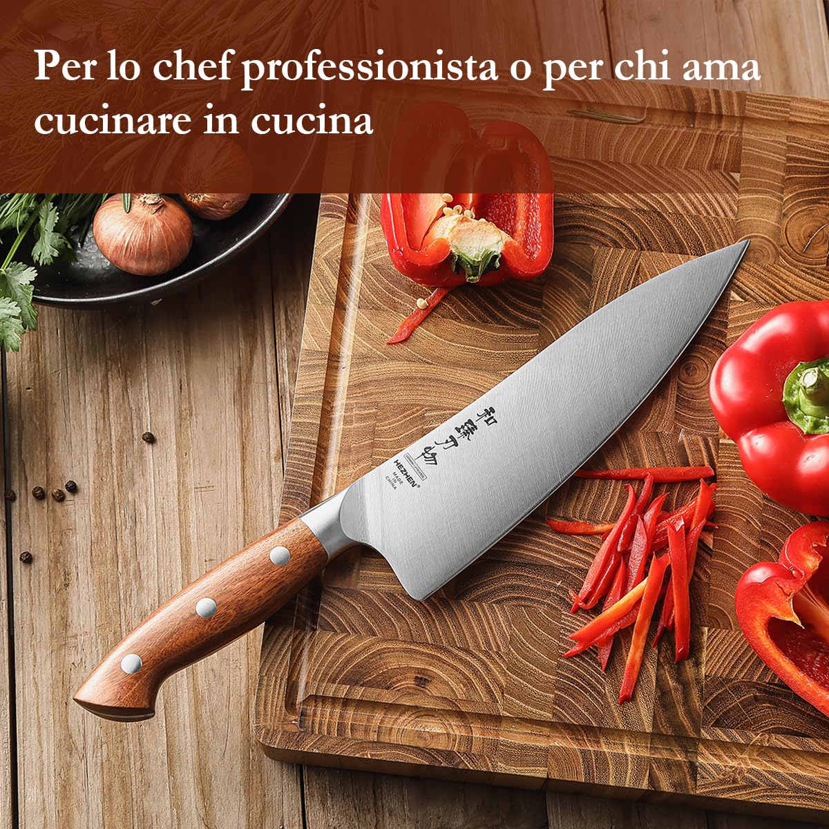 Coltelli da Chef HEZHEN 21cm Acciaio German DIN1.4116 Full Tang Manico Redwood