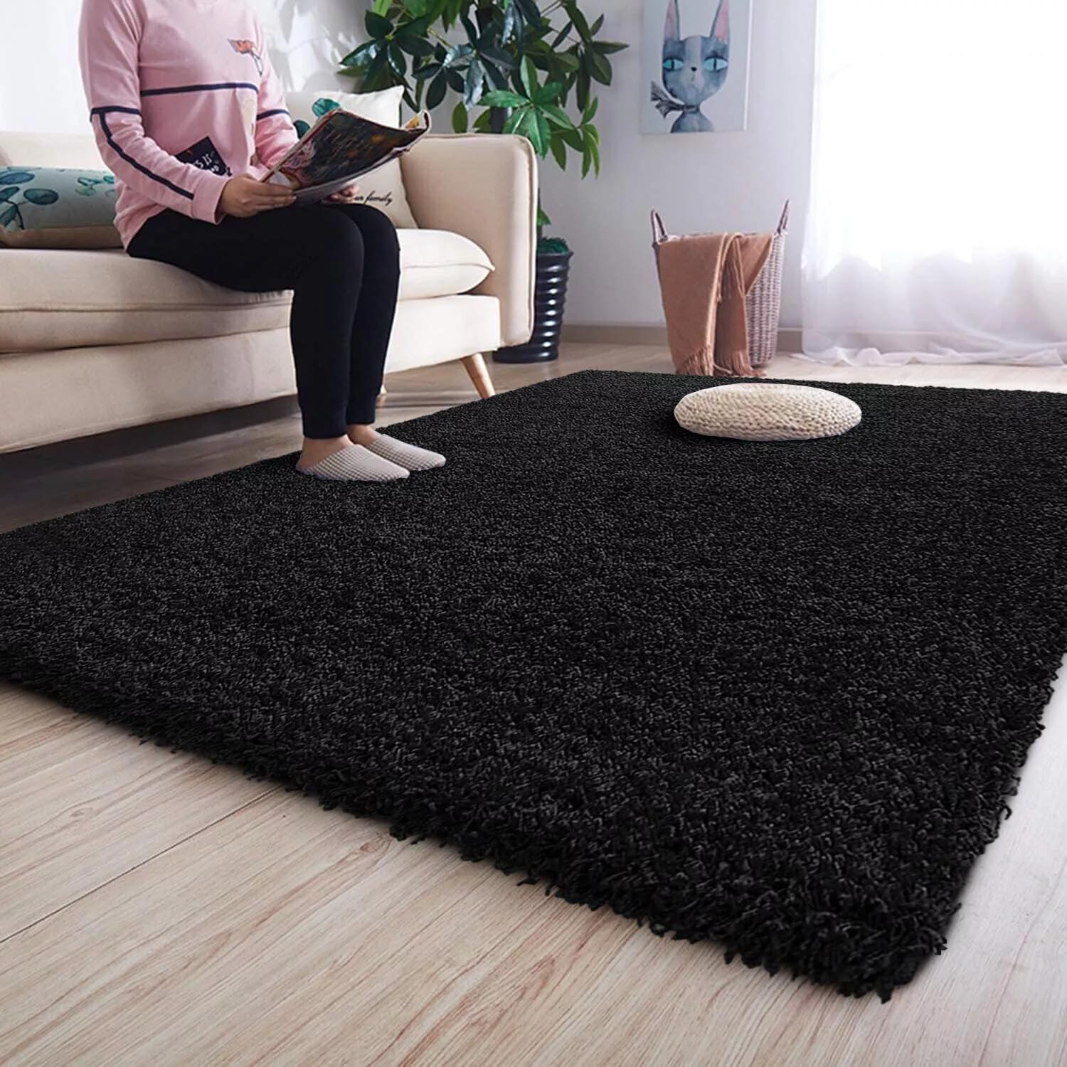 EXTRA THICK HEAVY 5CM PILE SOFT SHAGGY RUGS MODERN AREA RUGS BEDROOM HALL RUGS (Black, 80 x 150 cm)