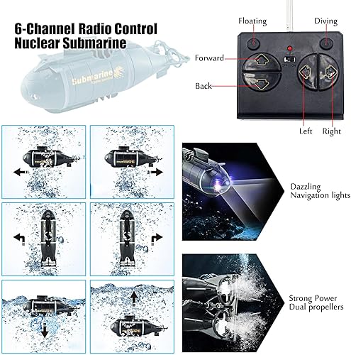 Miniatura 3 de Tipmant Mini RC Nuclear Submarino Juguete de Control Remoto Barco de Buceo Eléctrico Peces Tanque de Agua para Niños Regalos (azul) Azul,Negro