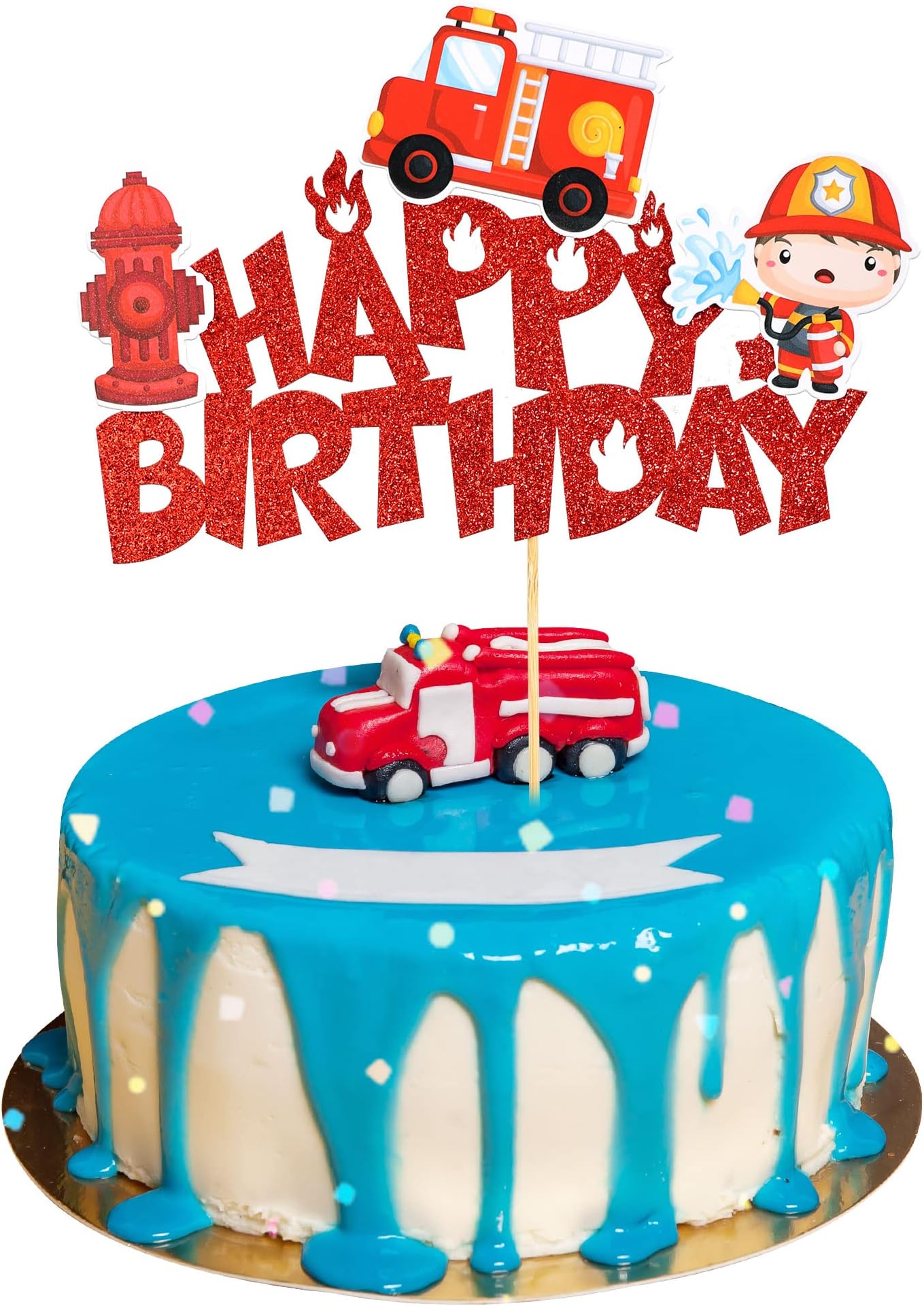 Gyufise 1Pcs Fireman Happy Birthday Cake Topper Glitter Fire Truck Firefighter Cake Pick Fire Department Theme Baby Shower Kids Birthday Party Cake Decorations Supplies Red