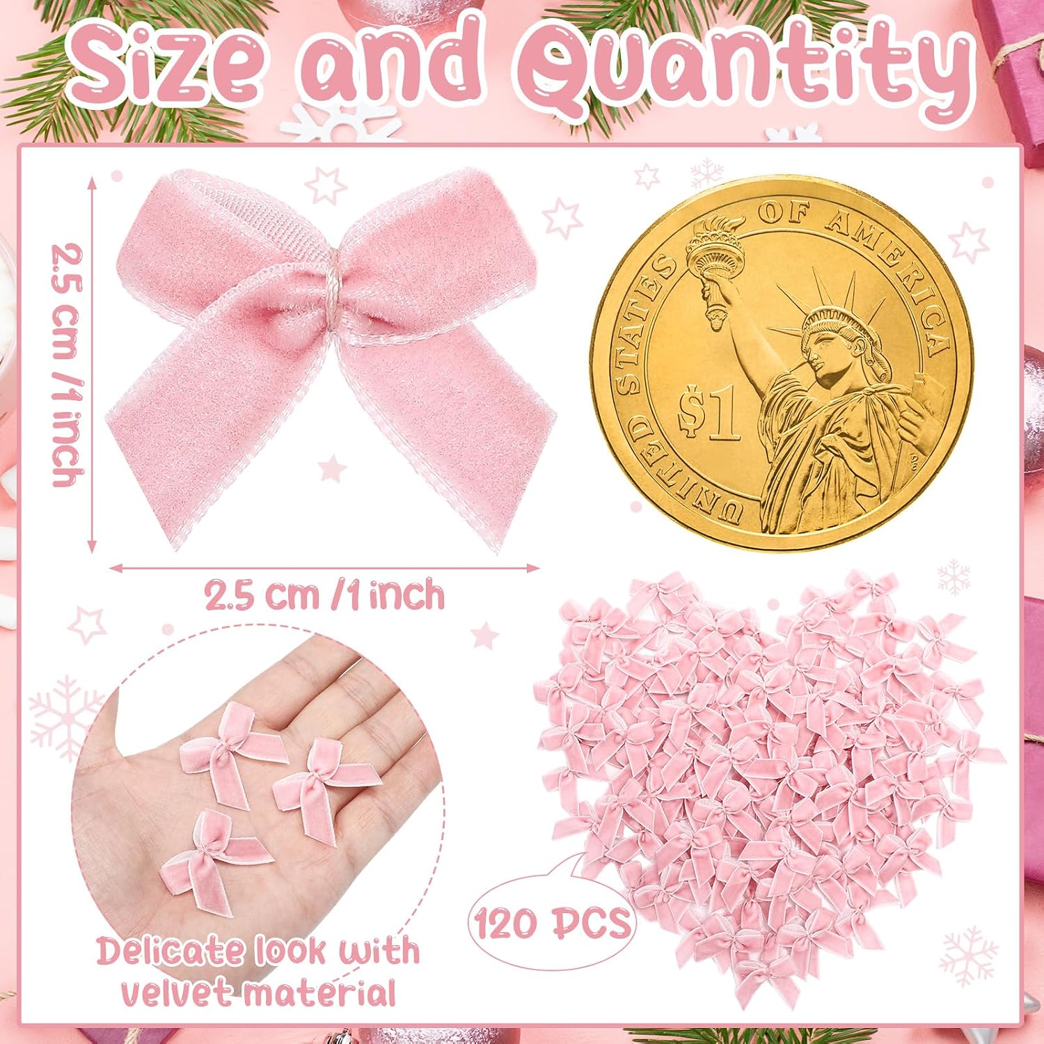 Waydress 120pcs Tiny Mini Christmas Velvet Bows,Pink,1 Inch image 2