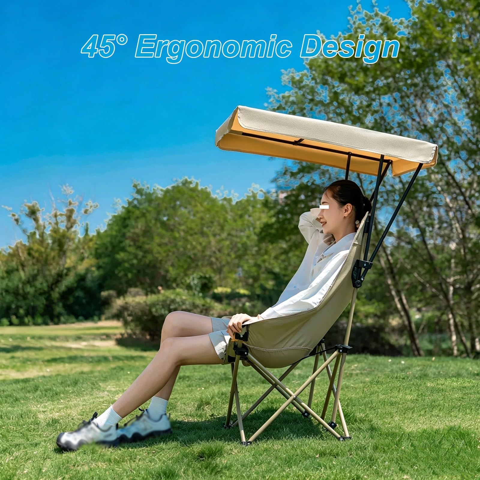 Przenośne Składane Krzesło, Ergonomiczne Krzesło Kempingowe z Daszkiem, 45°, Tkanina Oxford 600D, 6-poziomowy, Wytrzymały Stelaż ze Stali Węglowej, Zdejmowana Konstrukcja