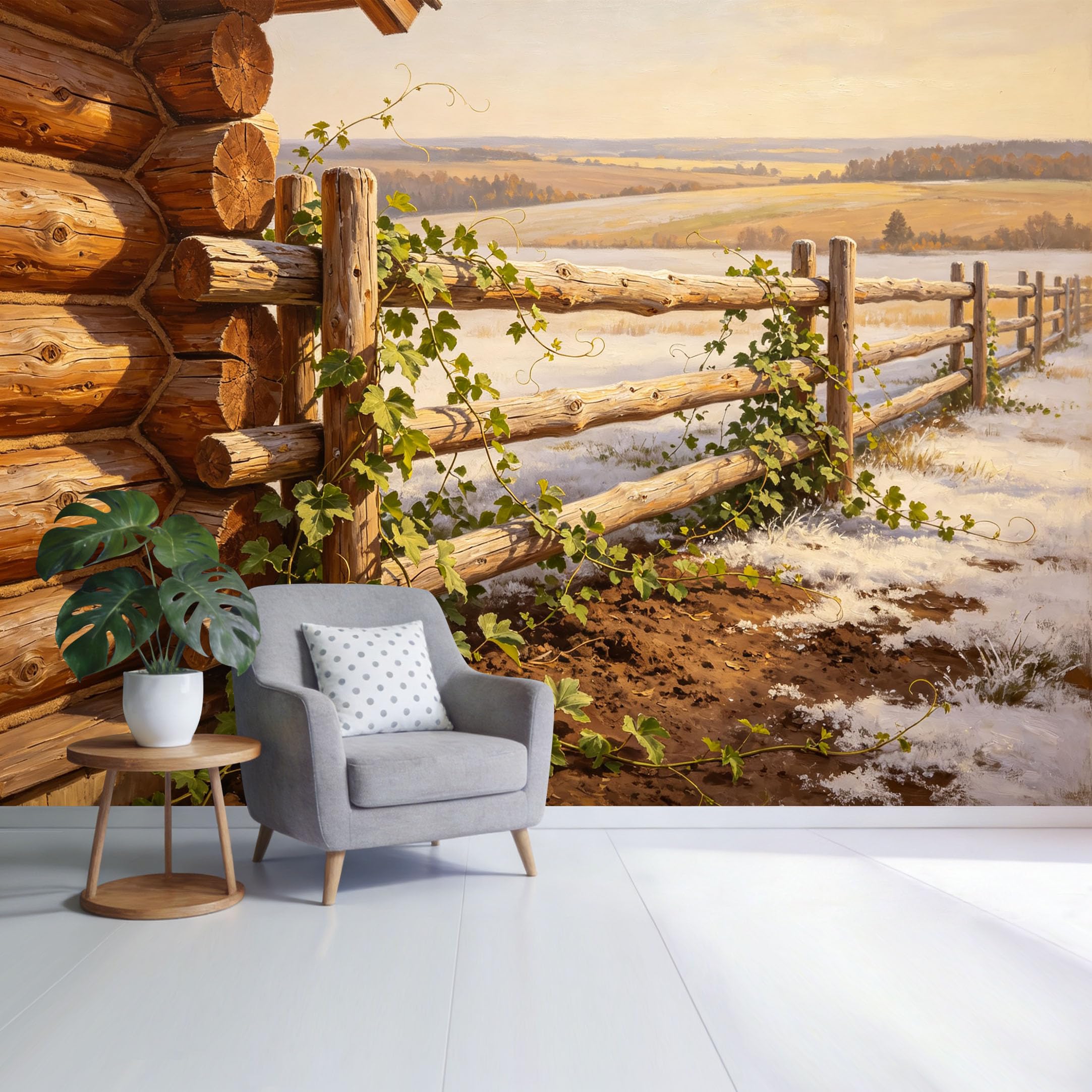 Custom Size Wall Mural Rustic Farmhouse Log Cabin Fence Snowy Landscape Botanical Vine Detail SelfAdhesive Wall Fabric Removable Wallpaper for Home Office Decor