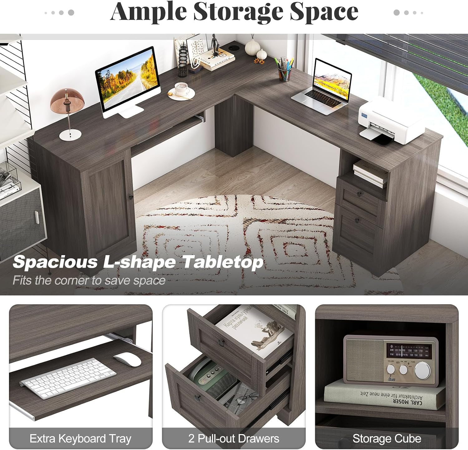 Giantex 66" L-Shaped Desk with Storage Drawers & Charging Station, Spacious Corner Computer Desk with Keyboard Tray, Adjustable Shelf, Cabinet, Huge Workspace Home Office Study Writing Desk (Grey Oak)