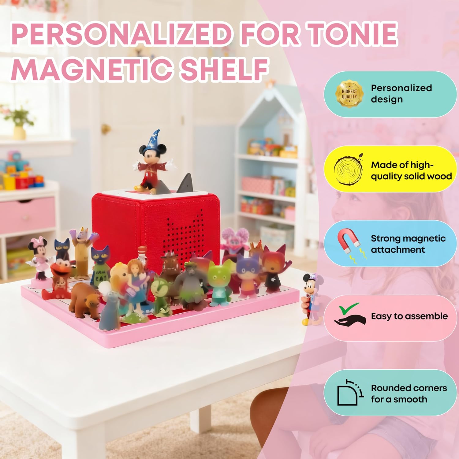 for Tonies Shelf Magnetic,Wood for Tonies Storage for Toniebox for Tonie Figures Creative for Tonies Magnetic Shelf for 36-48 Characters for Kid's Room(Pink)