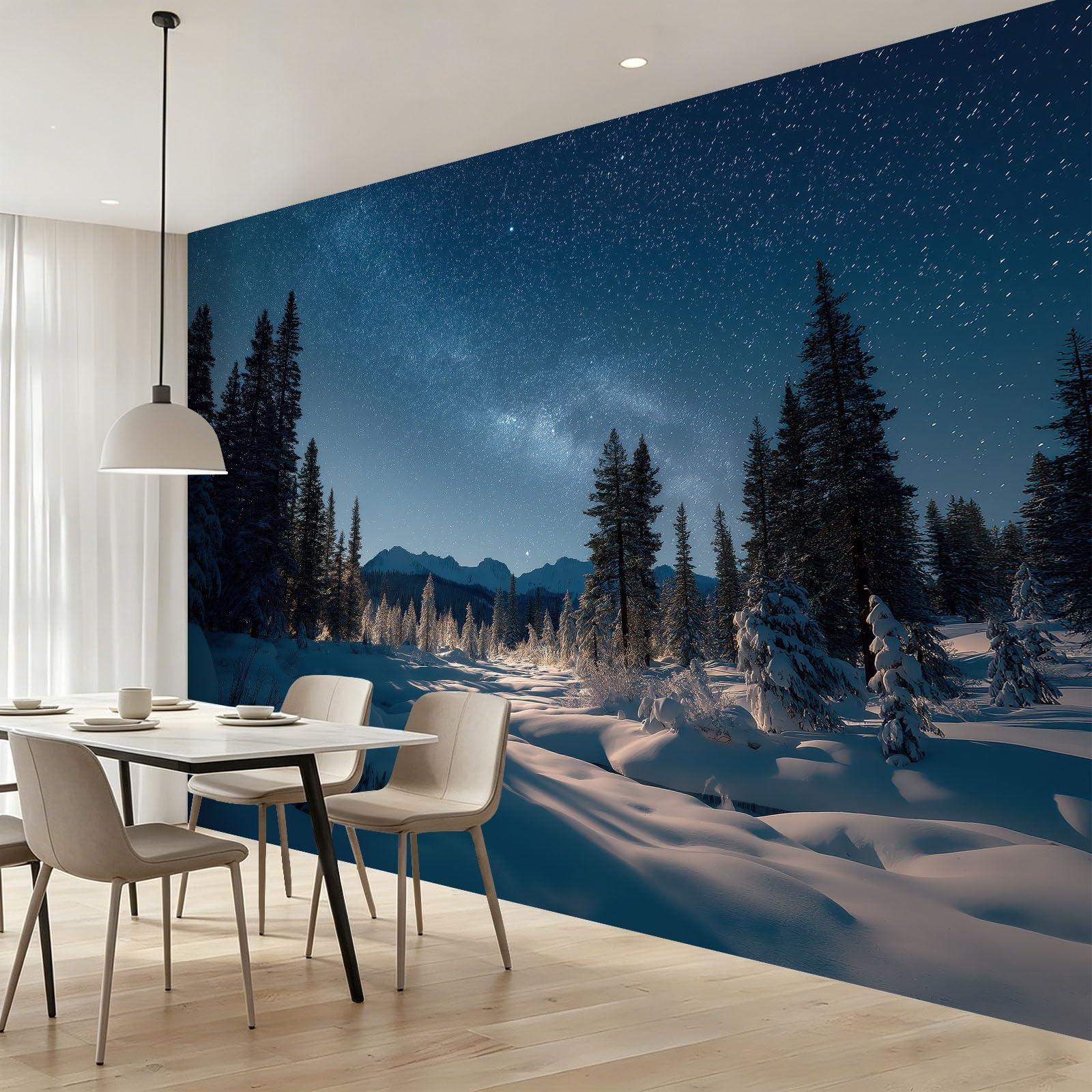 Panoramiczna tapeta 3D las las galaktyka plakat zimowy, 400 x 280 cm (dł. x wys.) Tapeta ścienna z włókniny do salonu dziecięcego Sofa dekoracja tła, ciemnoniebieski