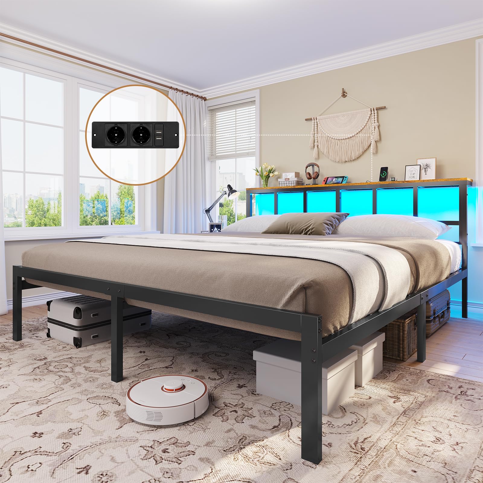 Brinlawb Struttura Letto Matrimoniale 180x200 cm con Luce LED e Stazione di Ricarica (2 Prese CA, 2 Porte USB) Struttura Letto 180x200 cm con struttura in metallo, Forte e stabile, Facile da montare