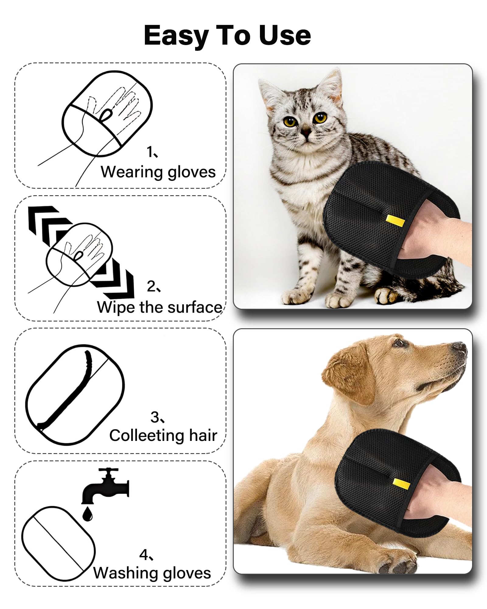 Lot De 2 Gants Anti-poils électrostatiques Pour Animaux - Réutilisables, Lavables - Pour Chat, Chien, Nettoyage Meubles Et Vêtements - 7