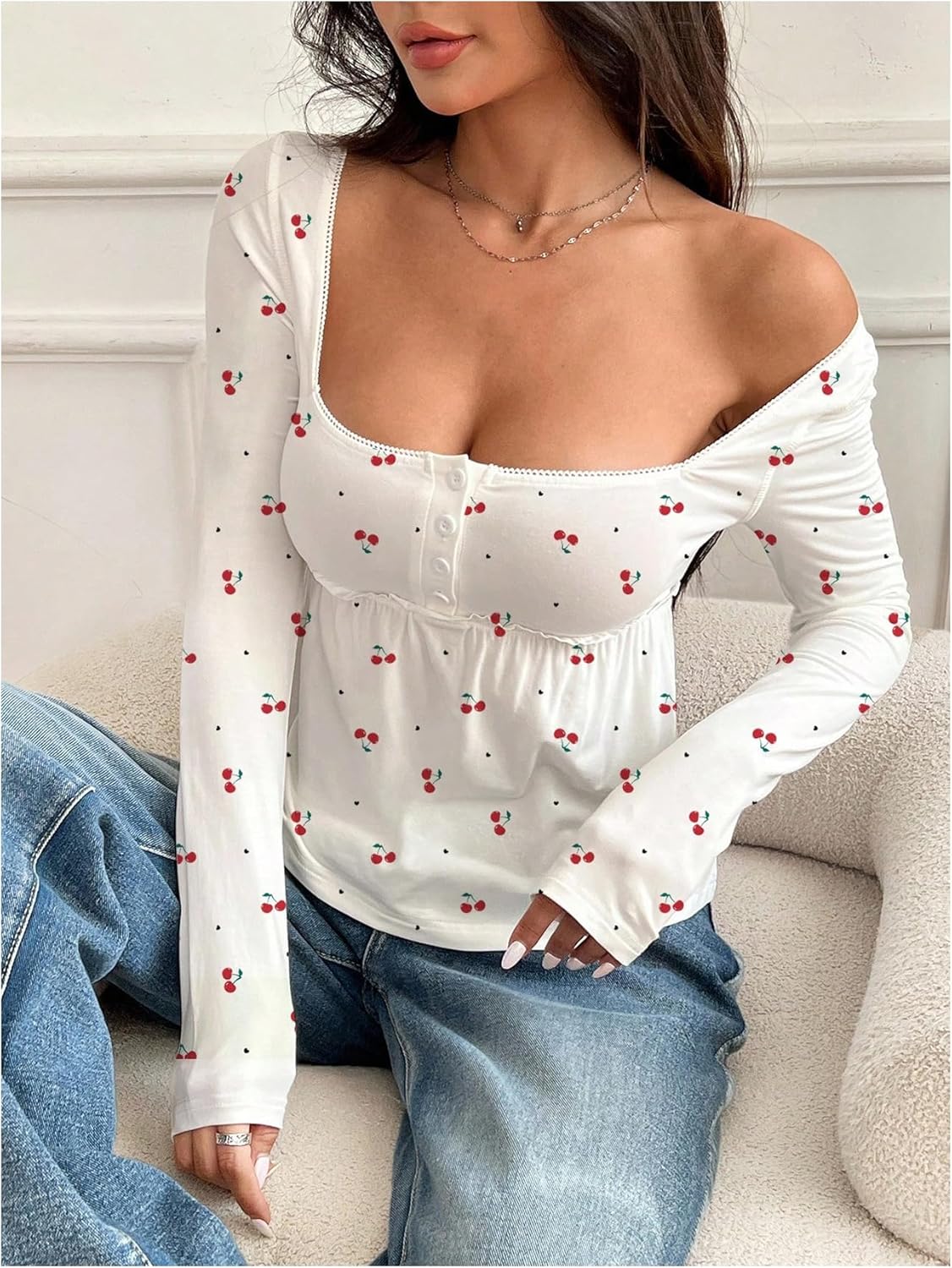 SOLY HUX Women's Babydoll Tops Long Sleeve Henley Shirts Cute Square Neck Coquette Peplum Top - Image 5