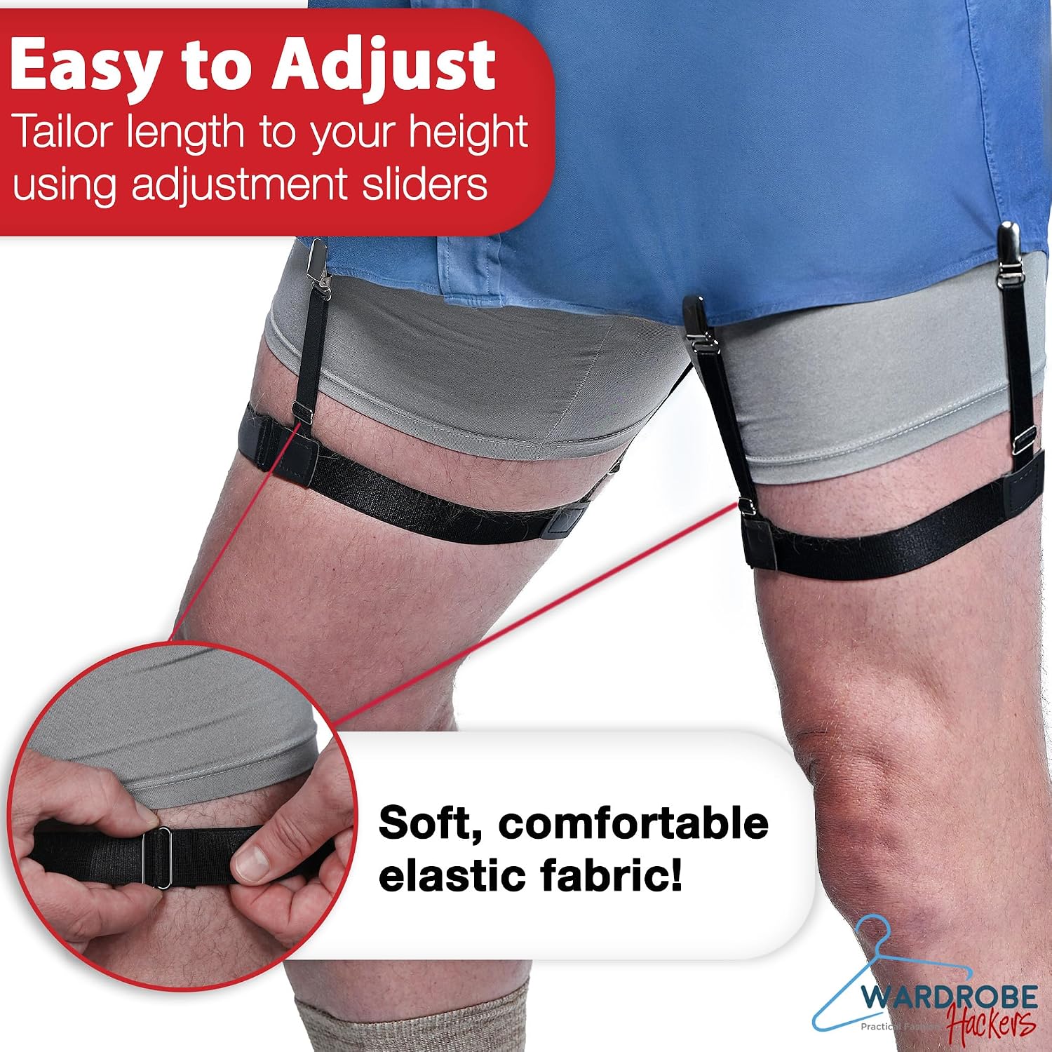 Wardrobe Hackers Shirt Stays for Men (Garter Style) 1 Pair - Elastic Black Shirt Stay for Men and Women - Extendable Around-the-Thigh Keepers