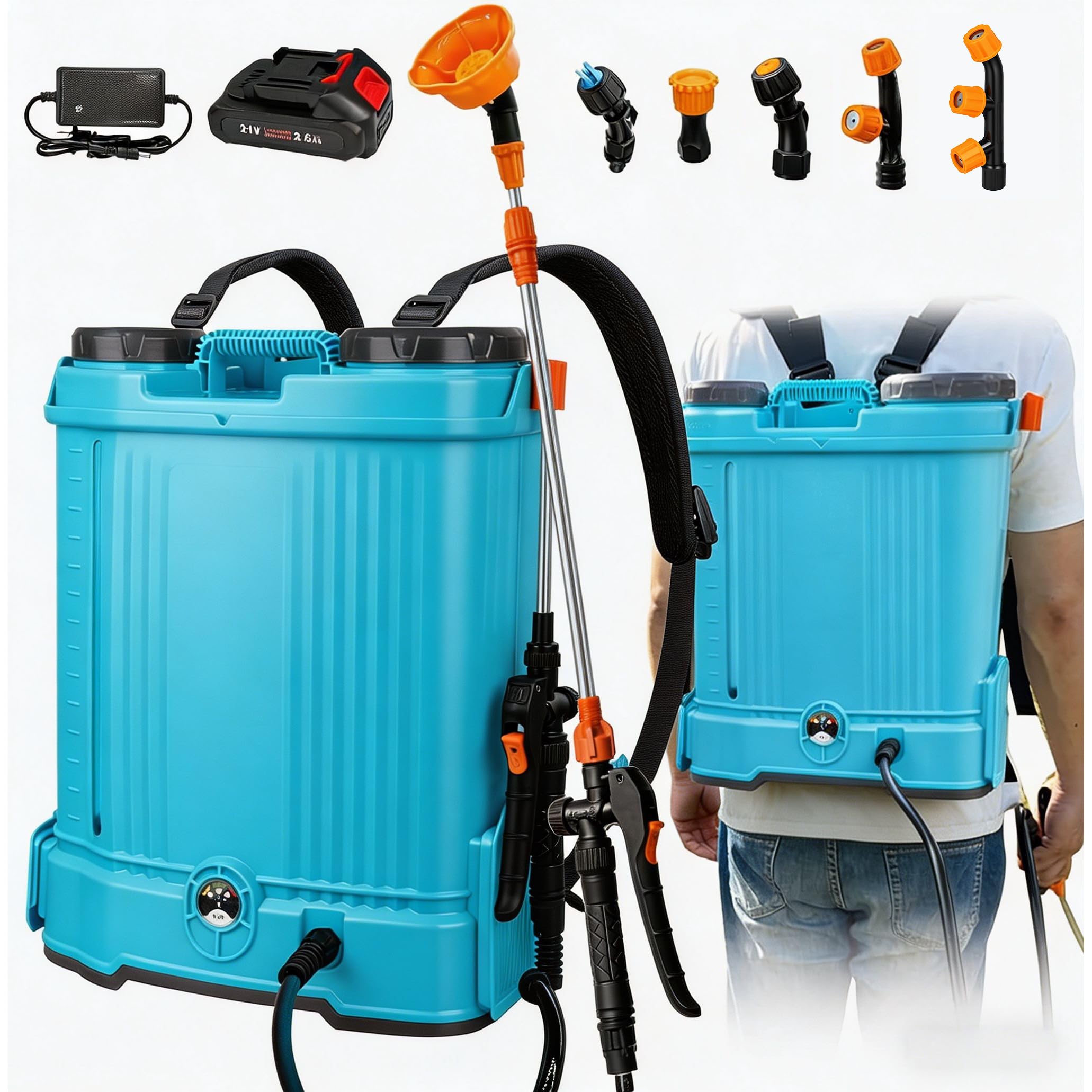 Knapsack Sprayer 16L, Electric Garden Sprayer with 80 PSI Powerful Pressure & 2.6Ah 21V Battery, Backpack Sprayer With 6 Nozzles,42.9'' Telescopic Wand for Gardens, Lawns, Patios, Driveways