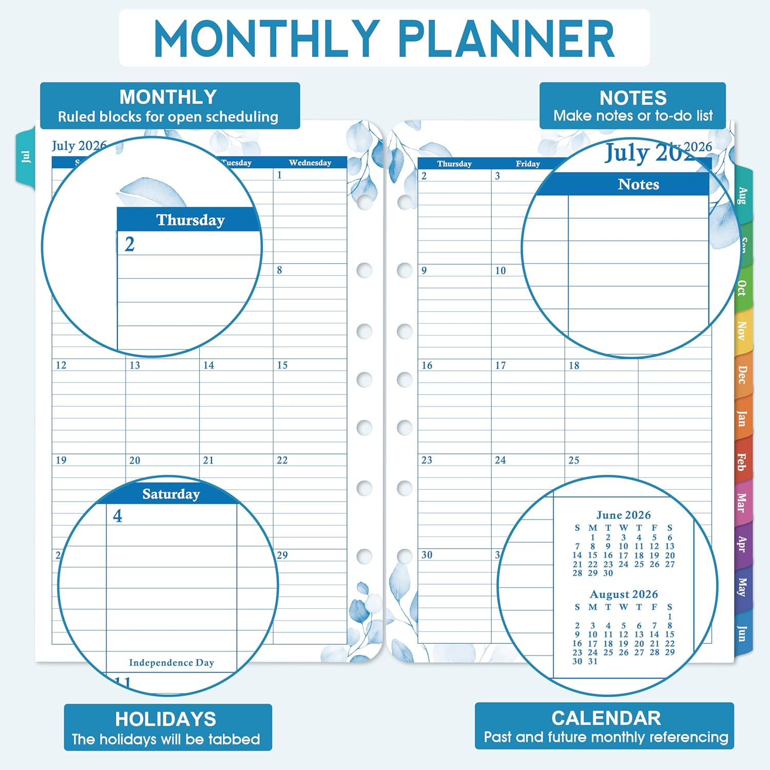 2026-2027 Planner Refills – July 2026 - June 2027, Daily Planner Refills 2026-2027, Two Pages Per Day Daily & Monthly Planner Inserts, 8.38" x 5.51", Ring-Bound with Tabs