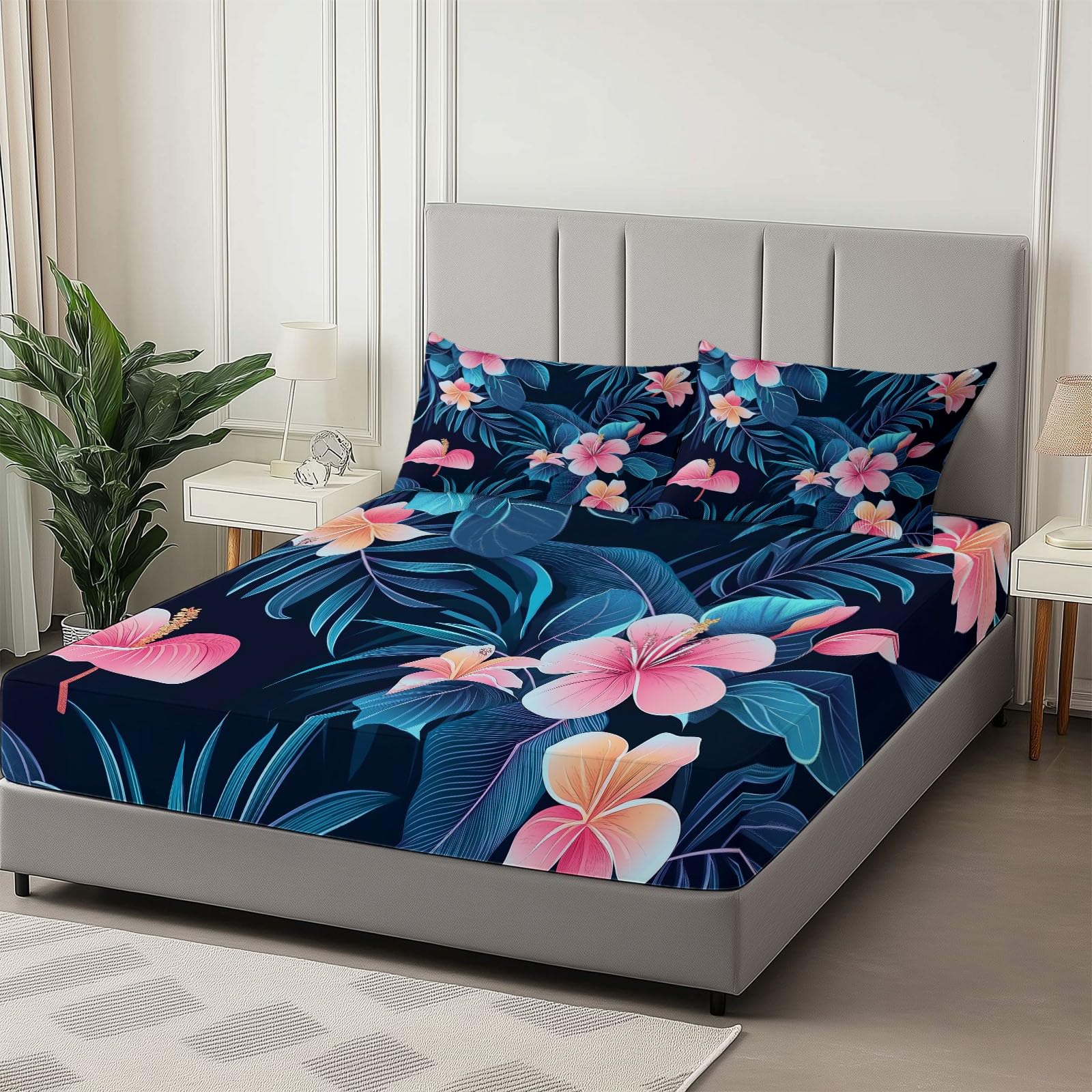Drap Housse 180 x 200 cm avec Bonnet 30 cm, Feuilles Fleurs Plantes Tropicales Luxueuses Drap Housse Enfant, Drap Housse Matelas Epais Bleu Foncé, Microfibre Brossée avec Une Rebord Élastique
